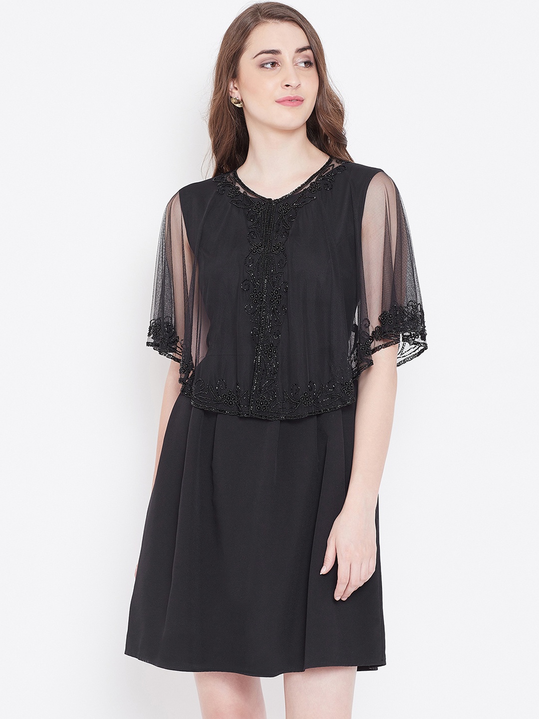 

LE BOURGEOIS Women Black Embellished Poncho Shrug