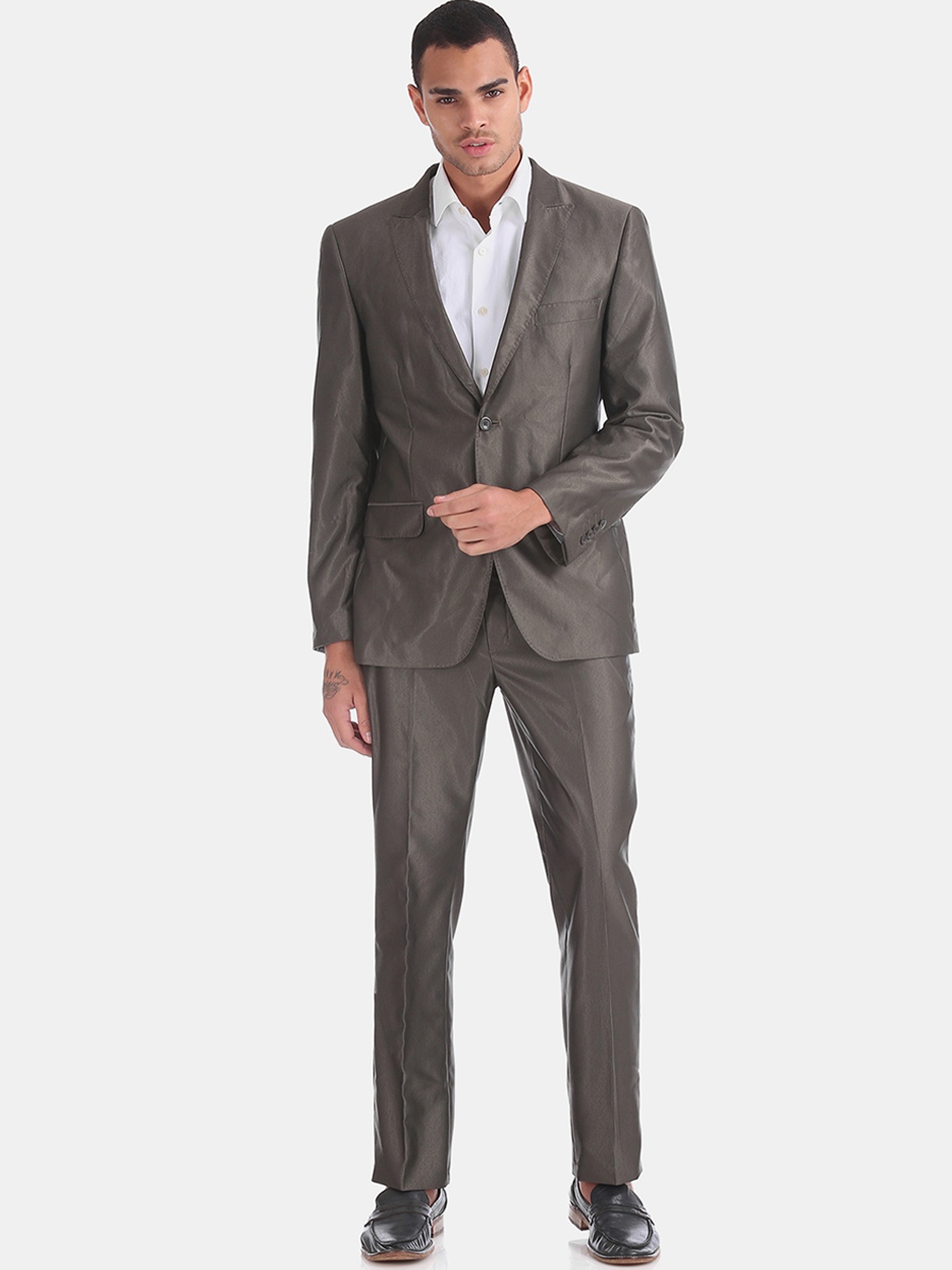 Arrow Men Grey Self-Striped Body Tailored Regular-Fit Single-Breasted Suit