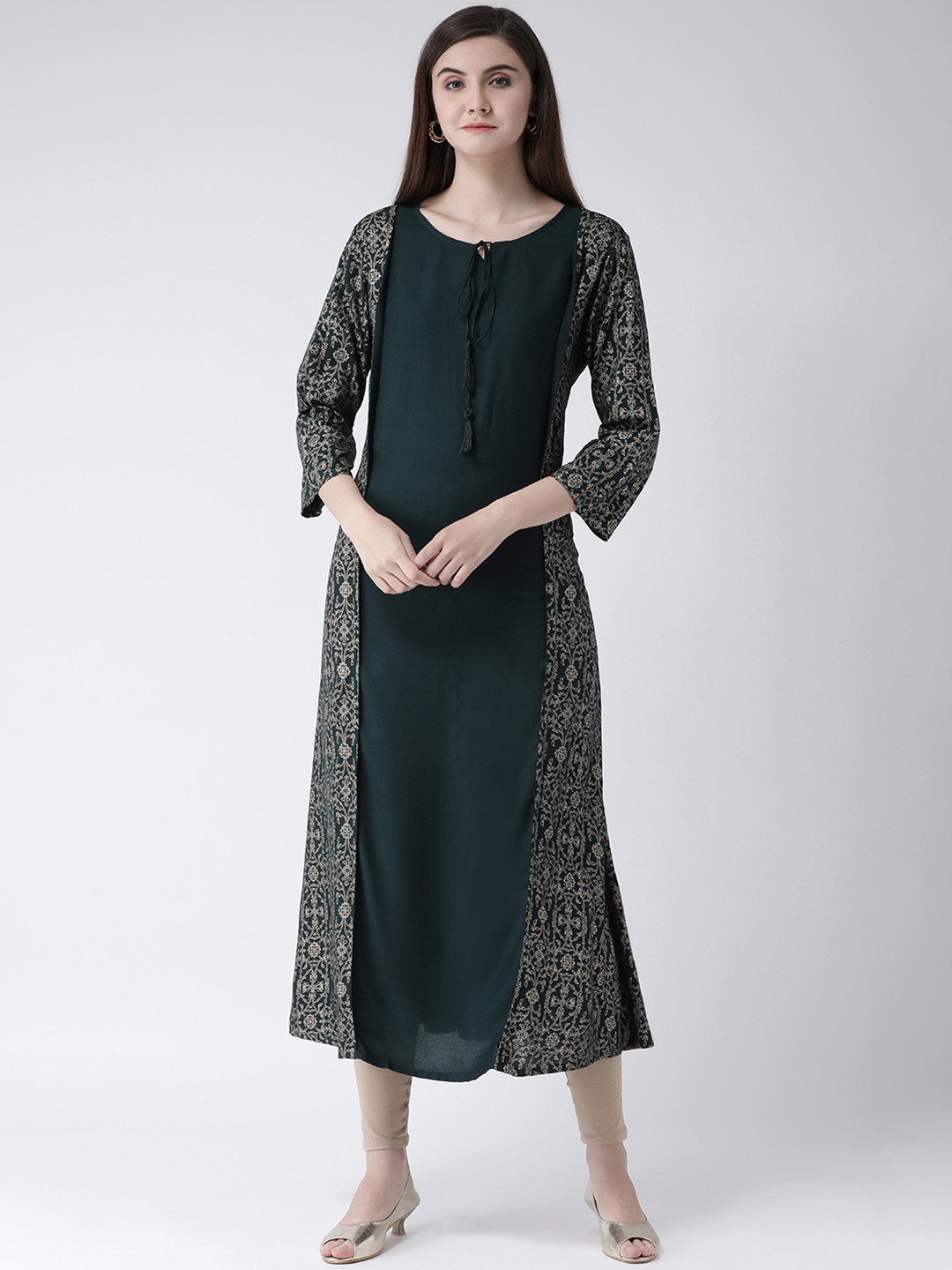 

Span Women Green & Gold Floral Print A-Line Kurta