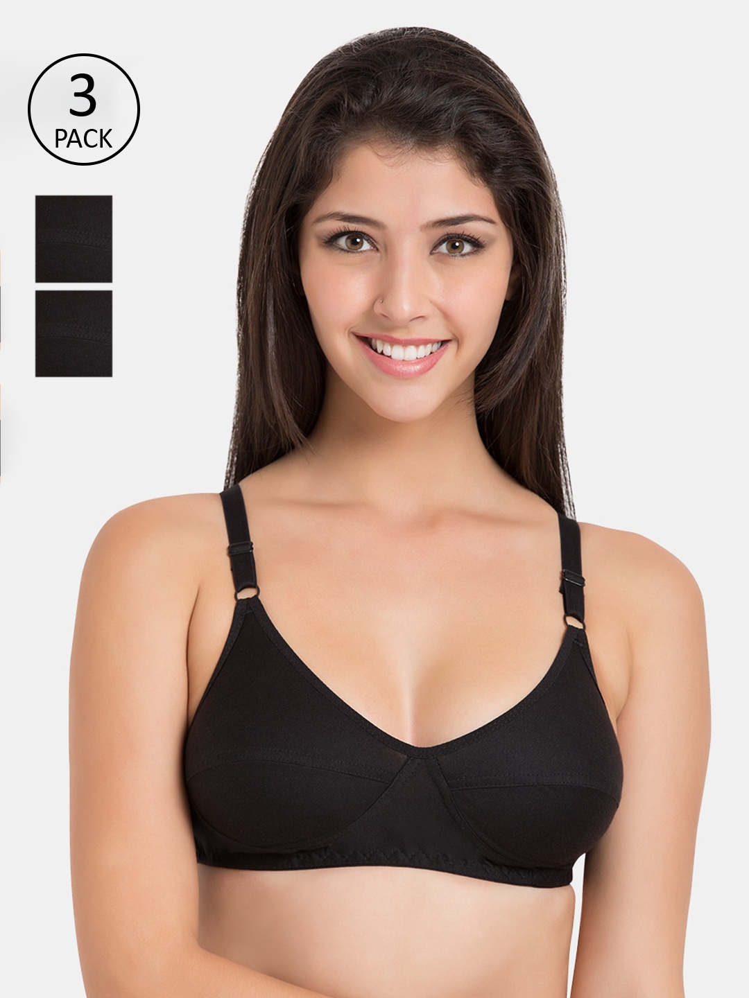 

Souminie Pack of 3 Black Solid Non-Wired Non Padded Everyday Bra S-138-3PC-BLK-30B