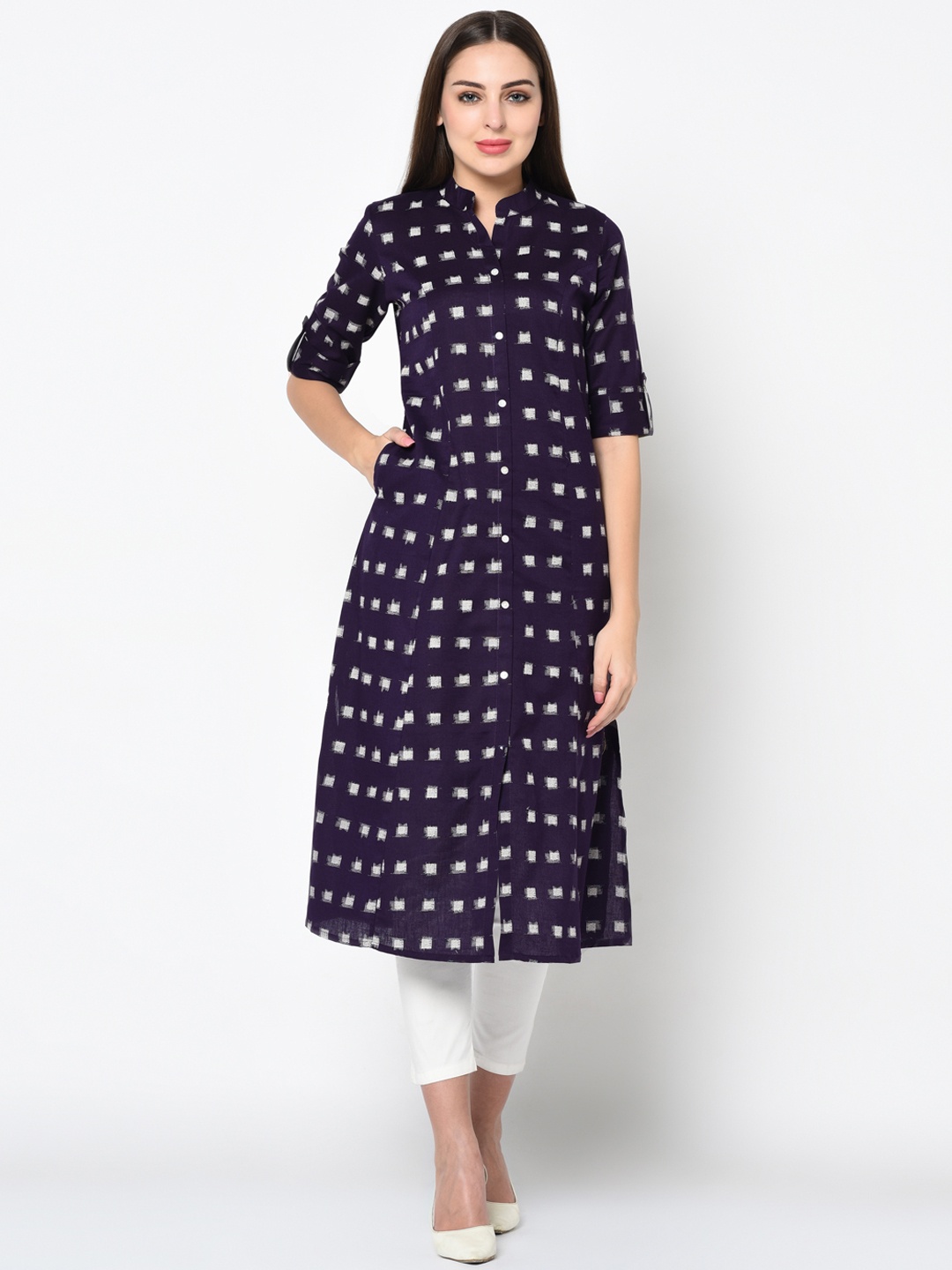 

FLAVIDO Women Navy Blue Ikat Printed Linen Straight Kurta