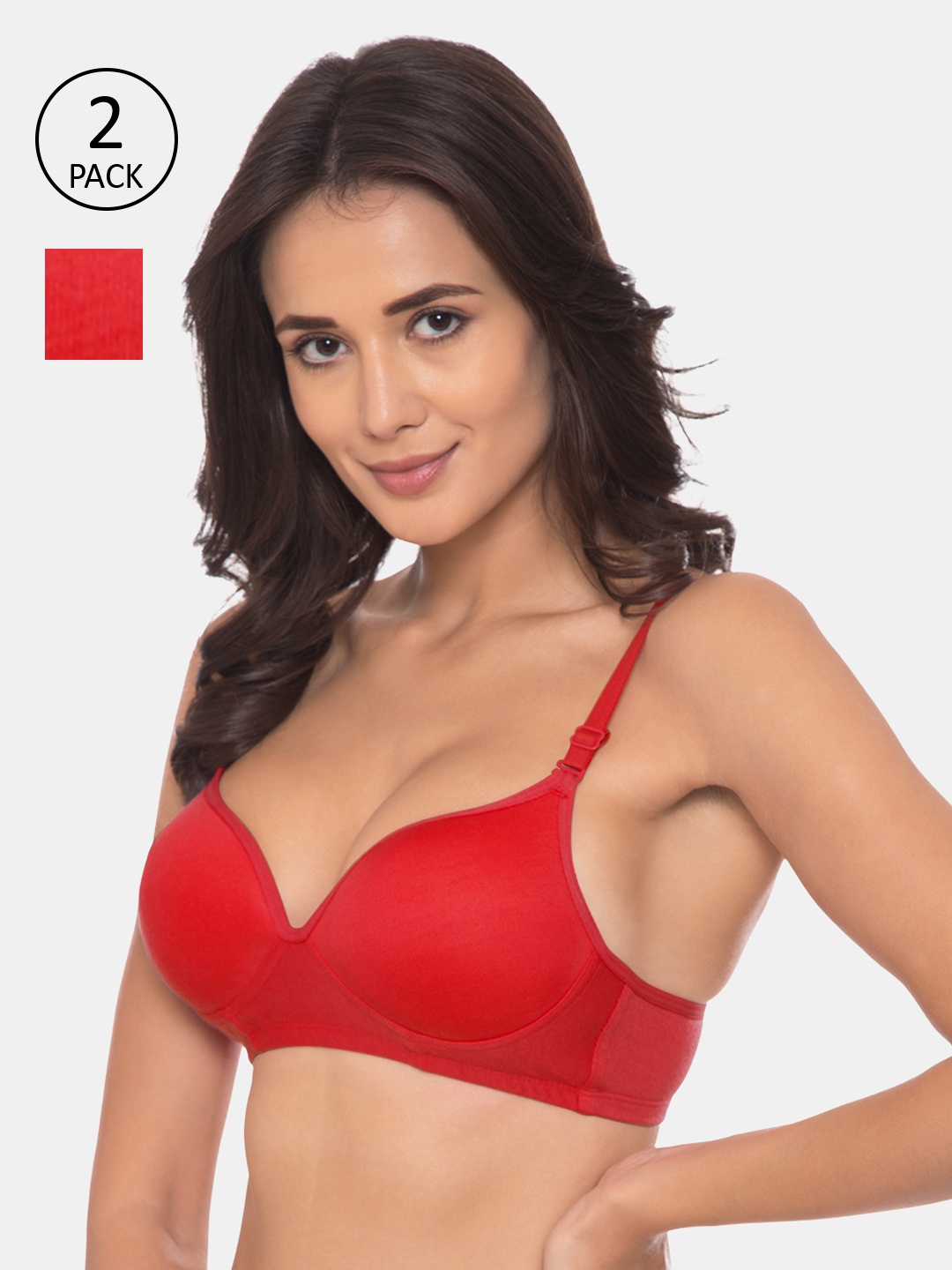 

Souminie Pack of 2 Red Solid Non-Wired Heavily Padded T-shirt Bra