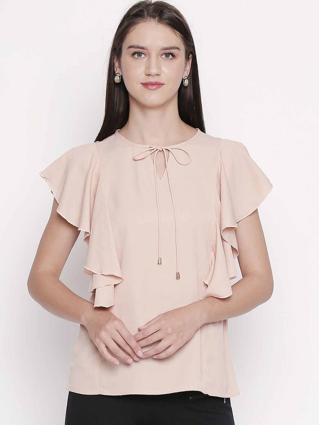 

Annabelle by Pantaloons Women Salmon Pink Solid Tie-Up Neck Top