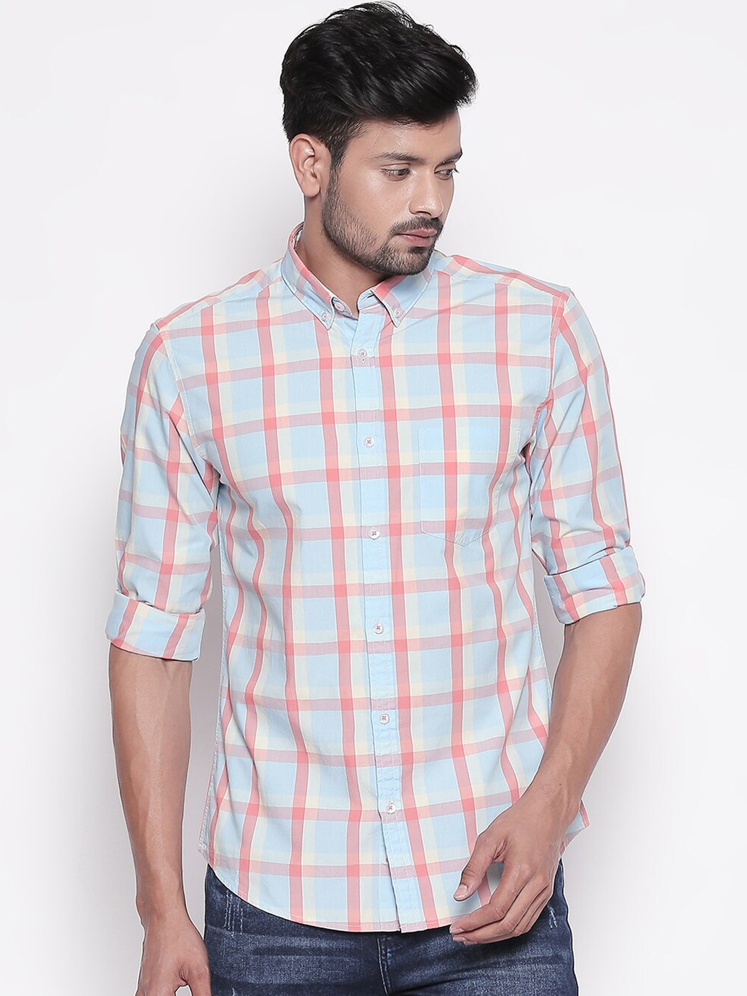 

BYFORD by Pantaloons Men Blue & Pink Slim Fit Checked Casual Shirt
