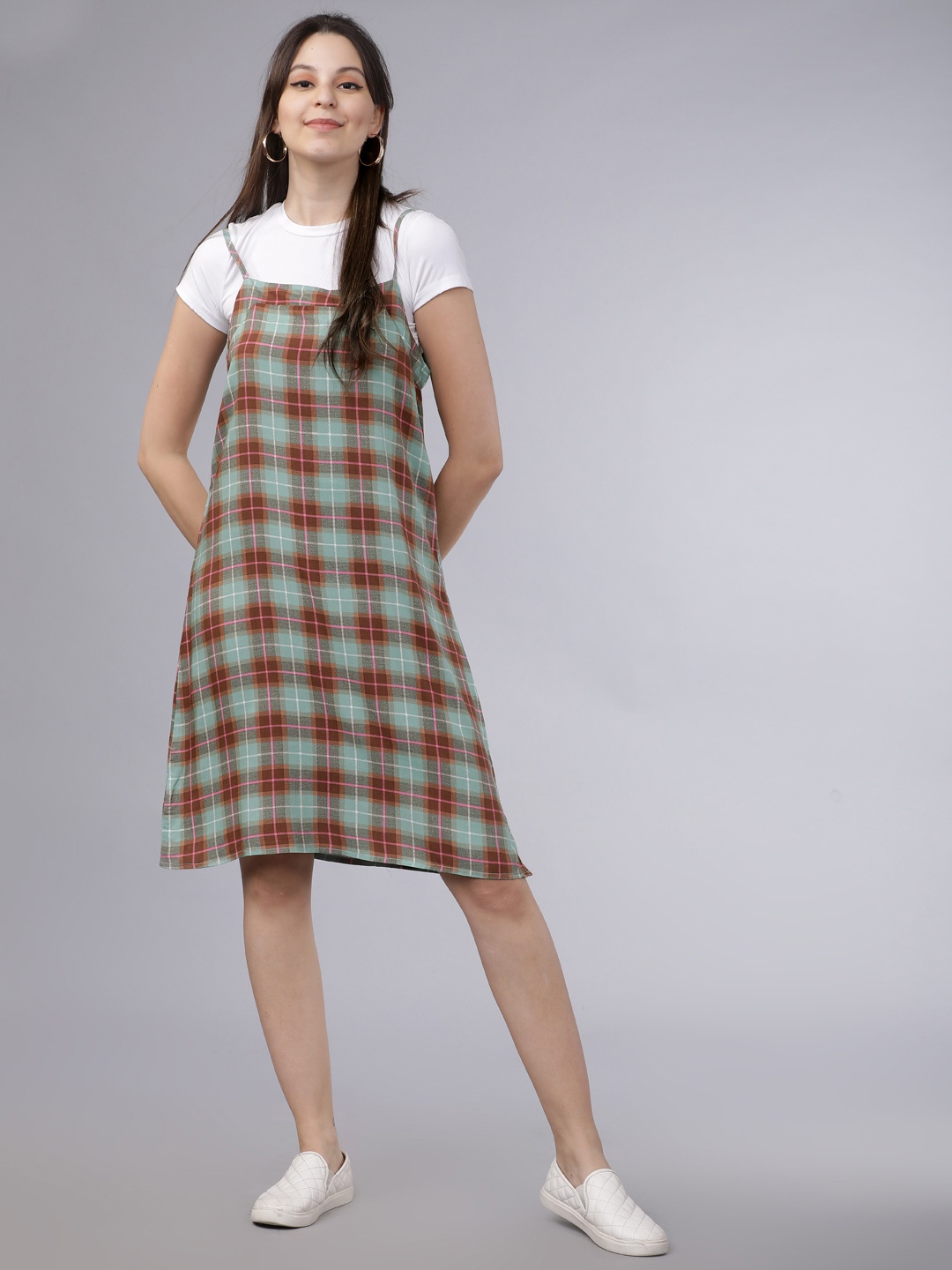 

Tokyo Talkies Women Mint Green & Brown Checked Pinafore Dress