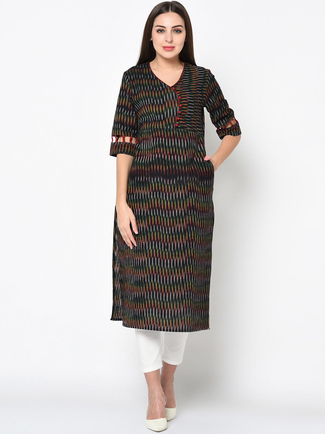 

FLAVIDO Women Black Striped Straight Kurta