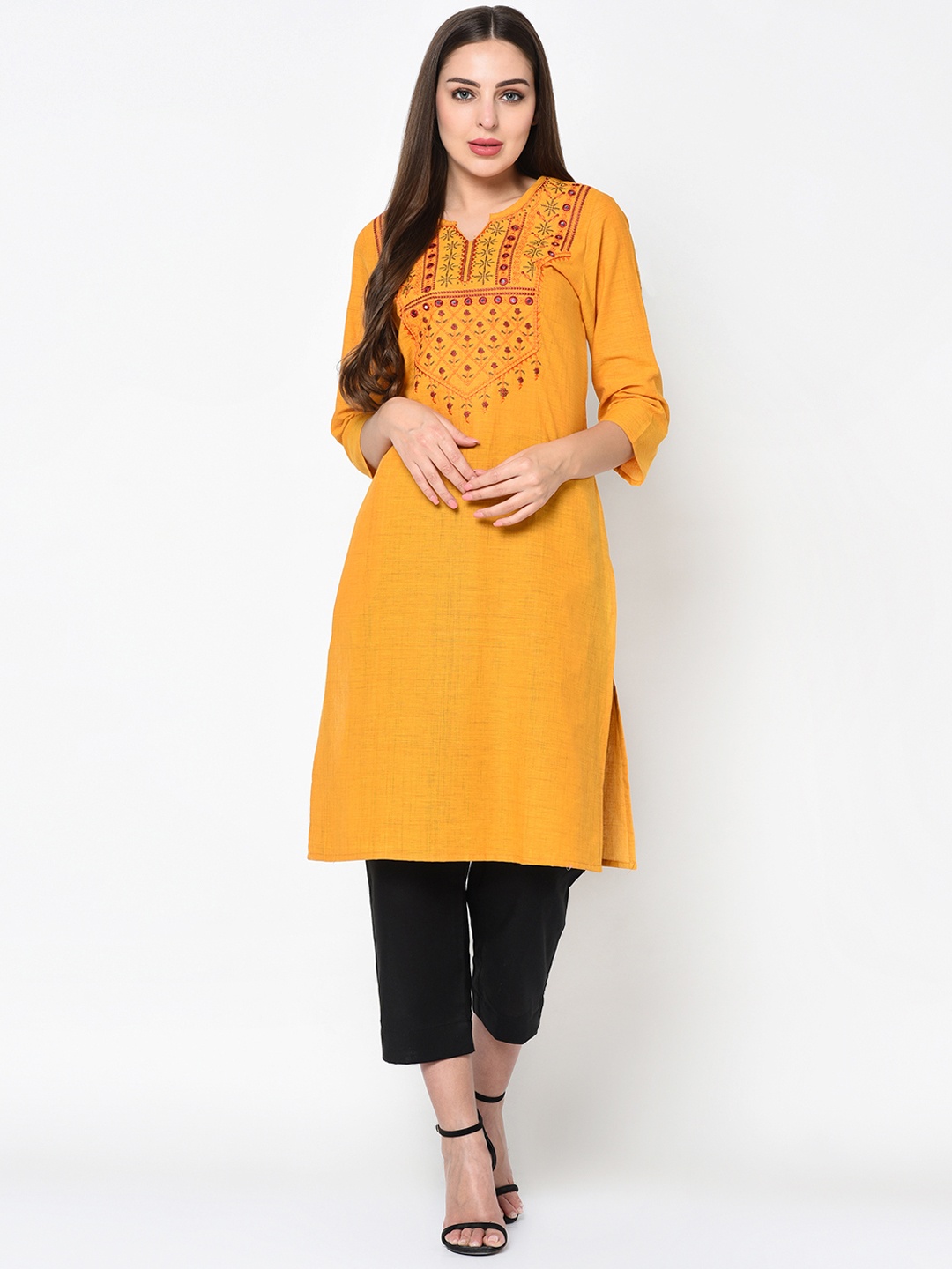 

FLAVIDO Women Yellow Embroidered Straight Kurta