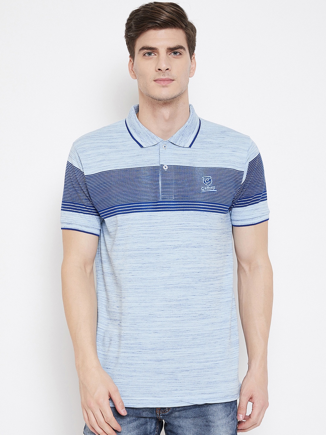 

Camey Men Navy Blue Striped Polo Collar T-shirt