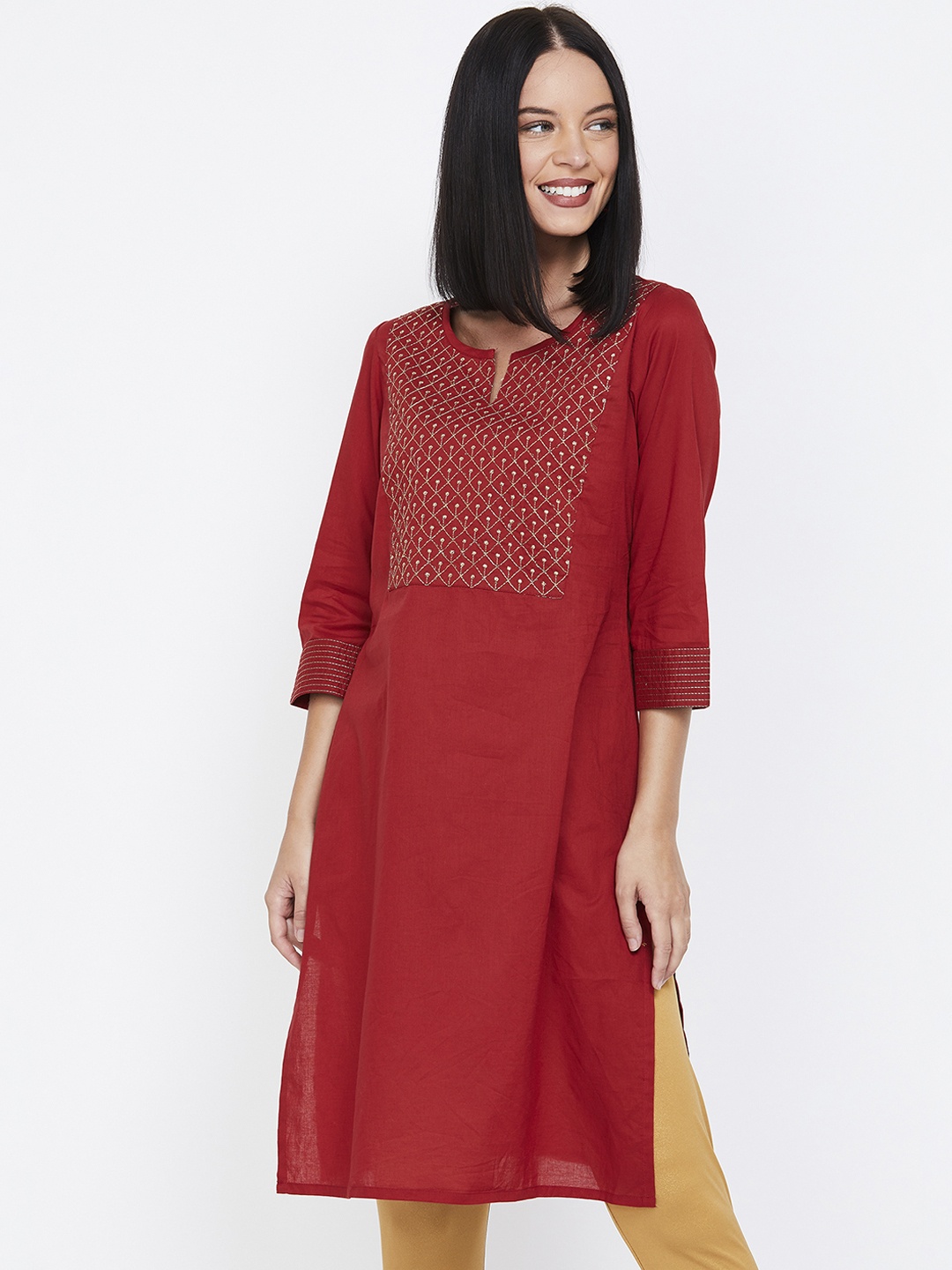 

Melange by Lifestyle Women Red Yoke Design Straight Kurta