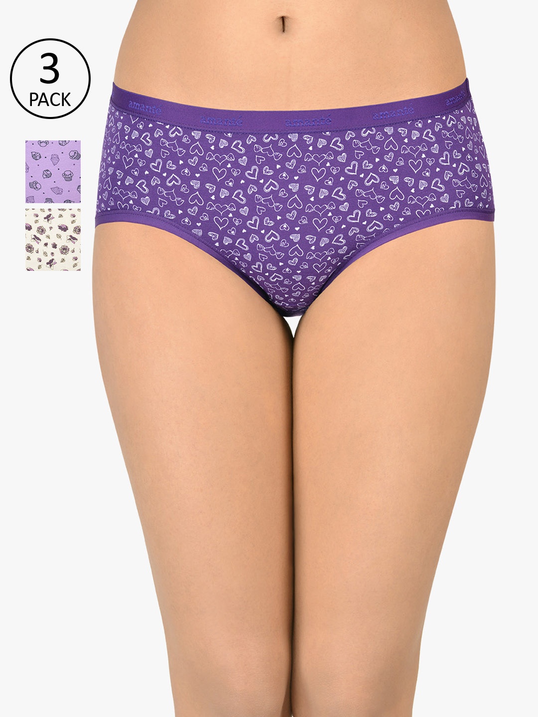 

Amante Women Pack Of 3 Low-Rise Printed Hipster Briefs PPK43101, Purple