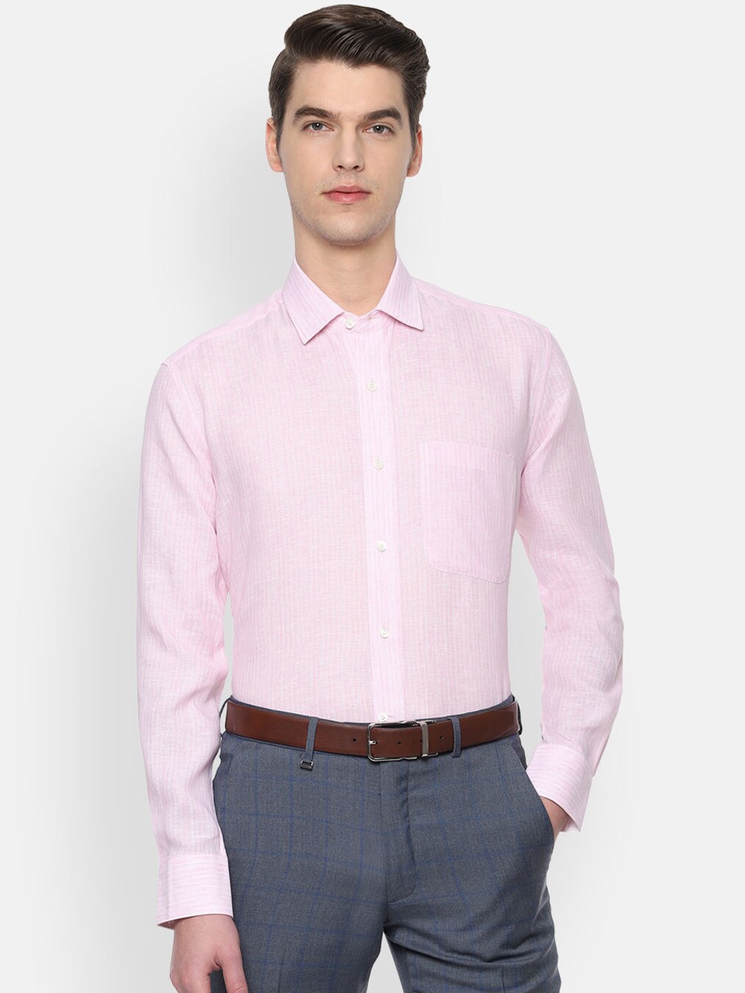 Luxure by Louis Philippe Men Pink Regular Fit Striped Formal Linen Shirt