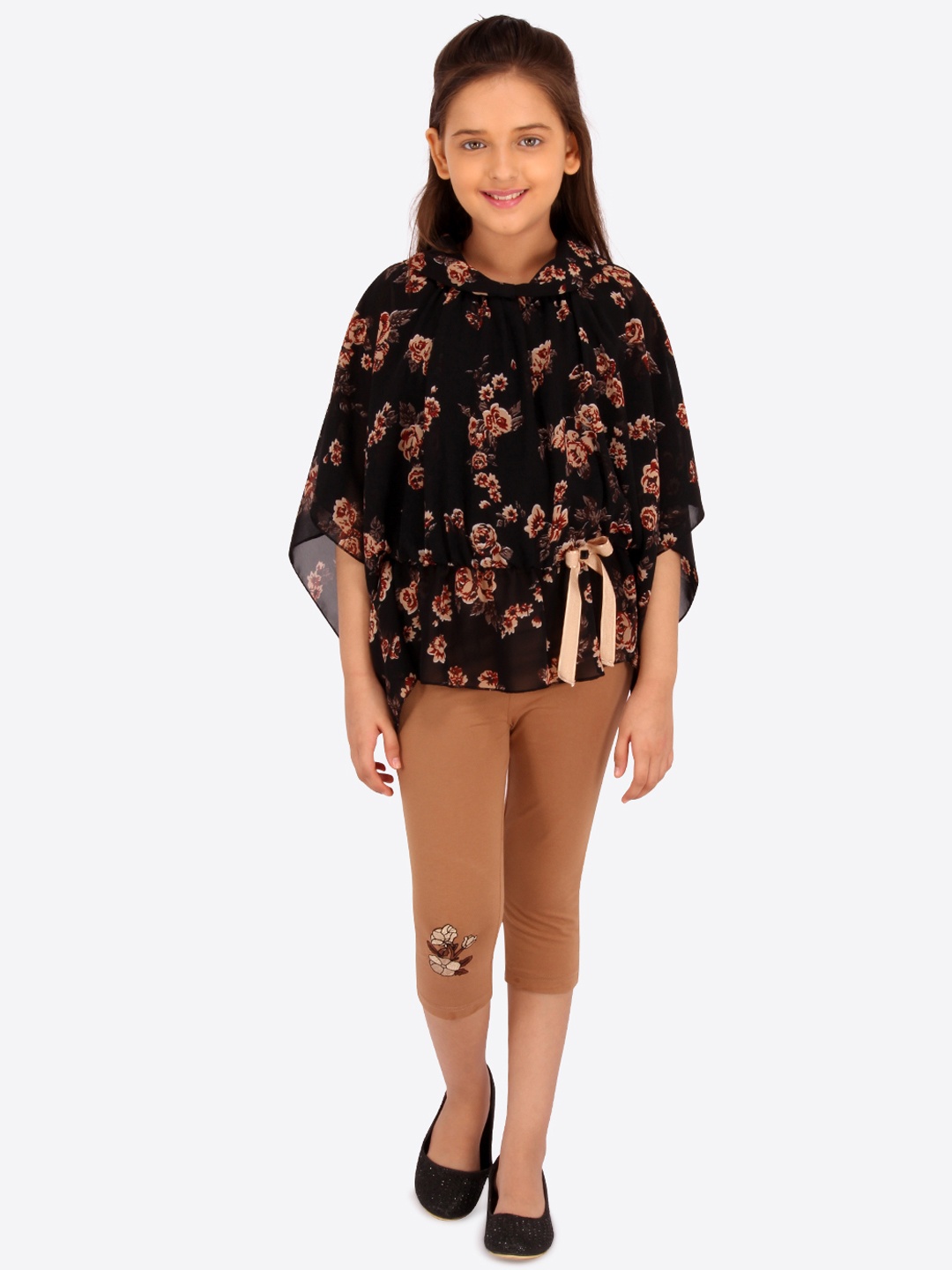 

CUTECUMBER Girls Black & Brown Printed Top with Capris