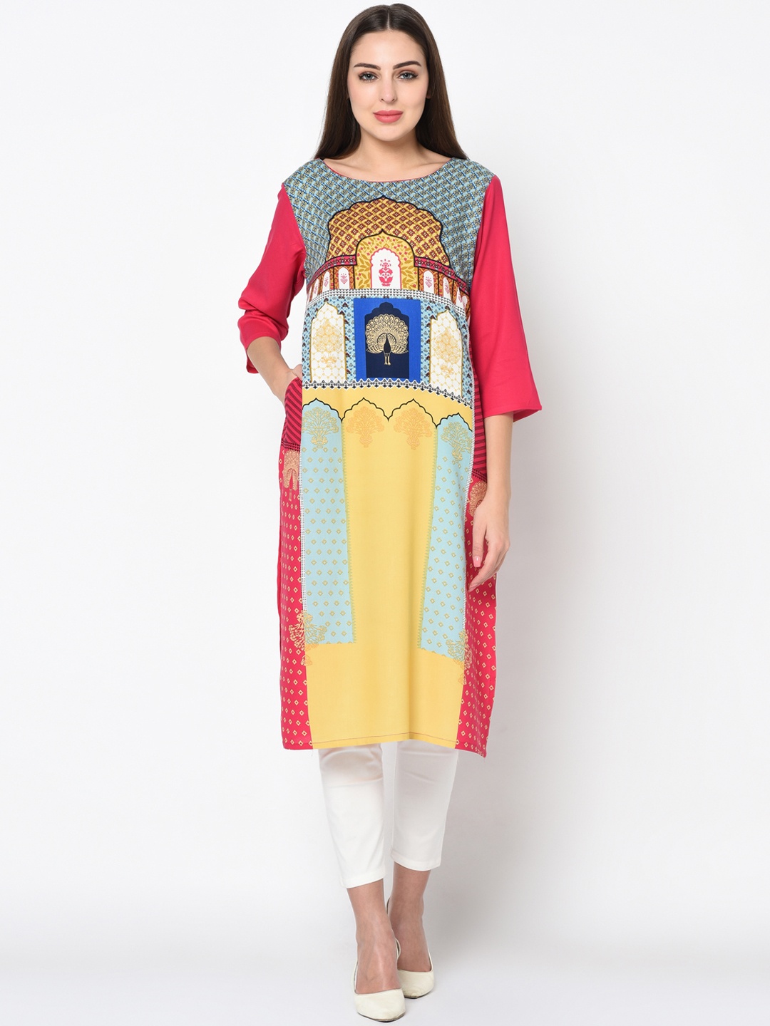 

FLAVIDO Women Pink & Yellow Printed Straight Kurta