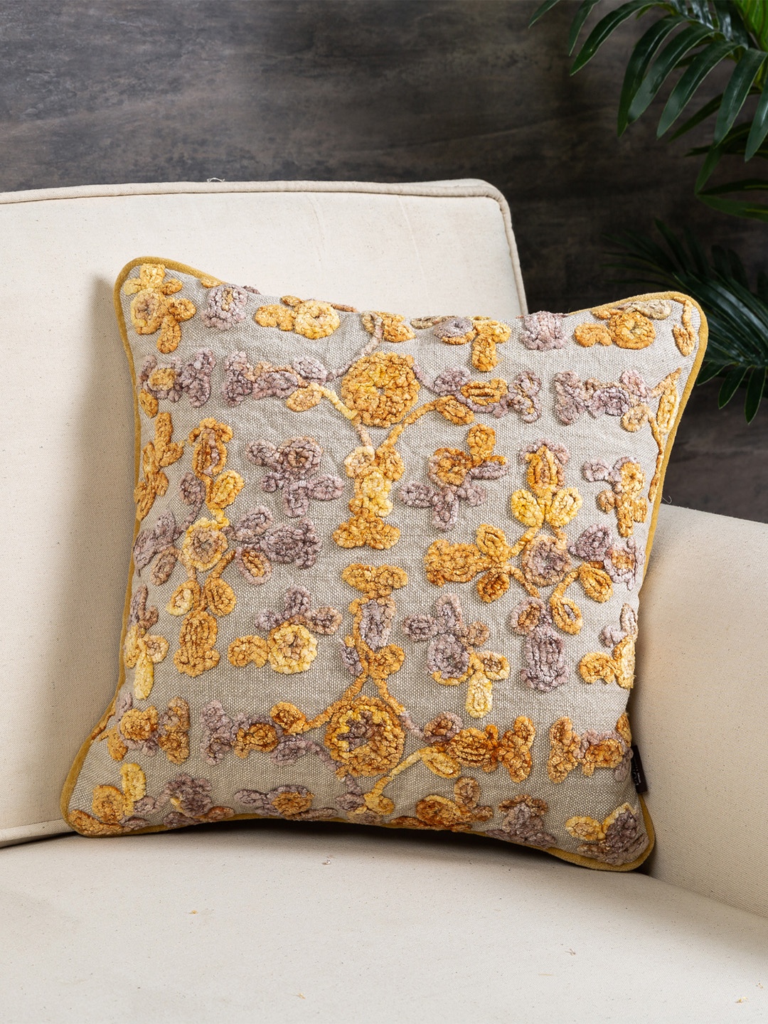 

Pure Home and Living Beige & Yellow Single Embroidered Square Cushion Cover