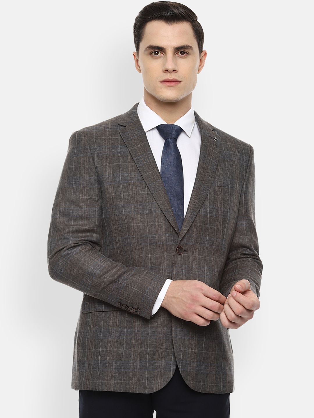 

Van Heusen Men Brown Checked Slim-Fit Single-Breasted Formal Blazer