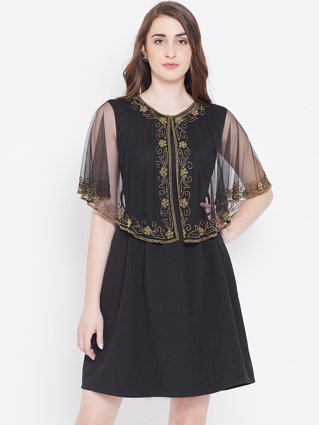 

LE BOURGEOIS Women Black & Gold Embellished Poncho Shrug