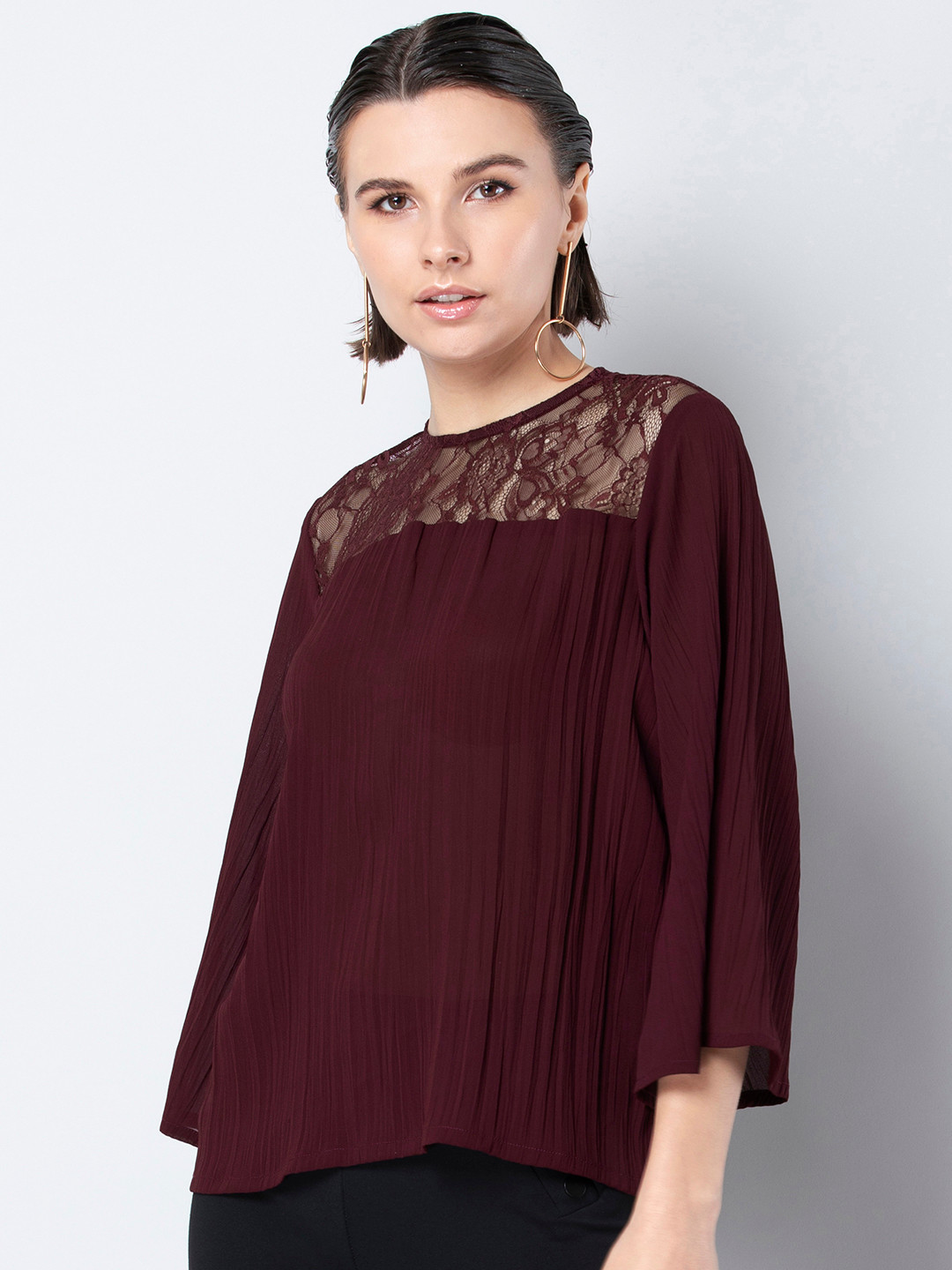 

FabAlley Women Maroon Self Design A-Line Pure Cotton Top