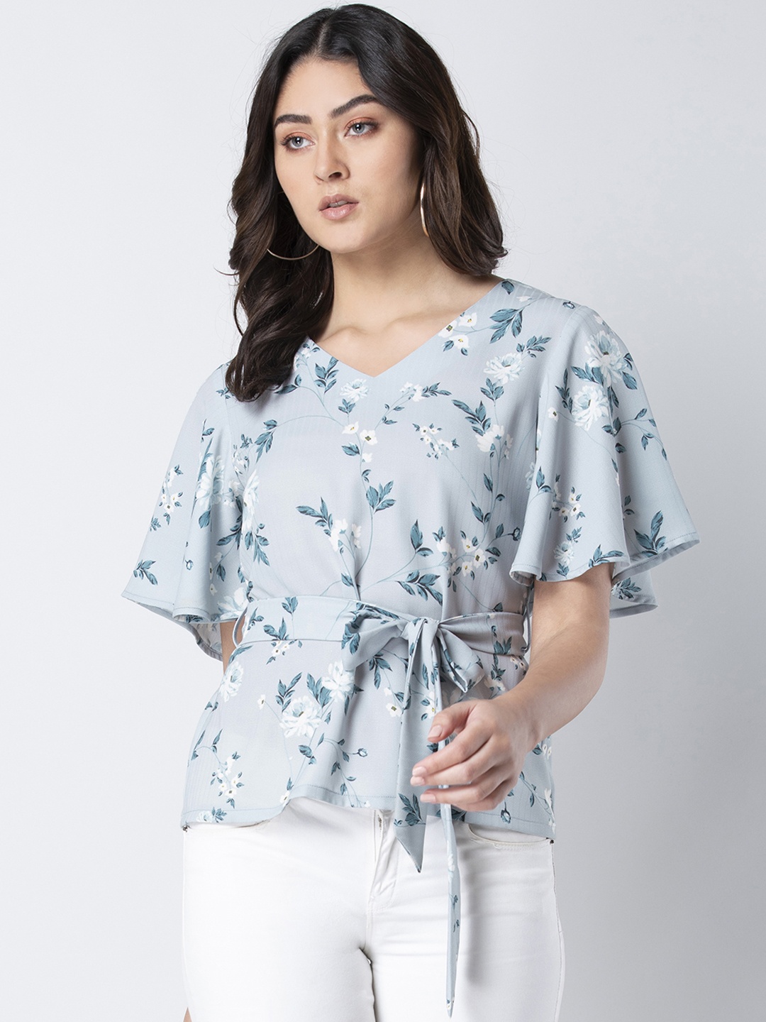

FabAlley Women Blue Floral Print Waist Tie Up Top