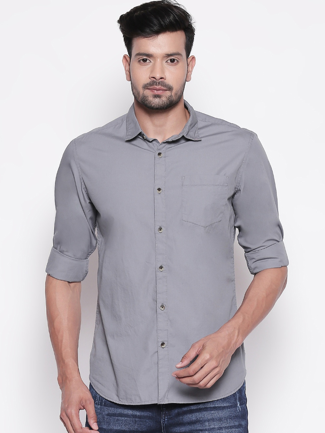 

BYFORD by Pantaloons Men Grey Slim Fit Solid Casual Shirt