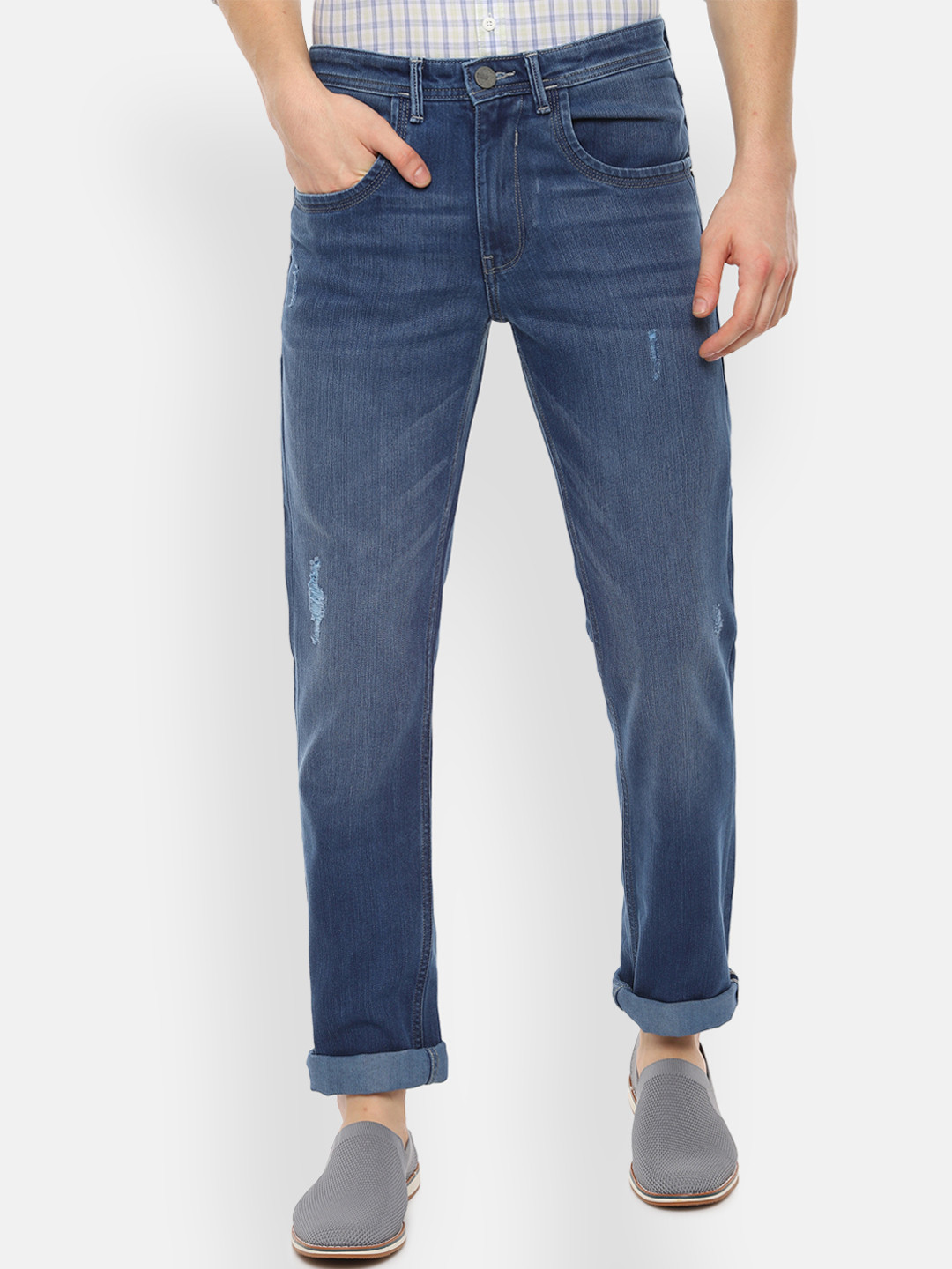 

V Dot Men Blue Tapered Fit Mid-Rise Low Distress Stretchable Jeans