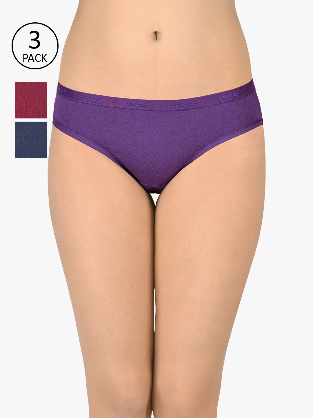 

Amante Women Pack Of 3 Solid Bikini Briefs PPK33001, Purple