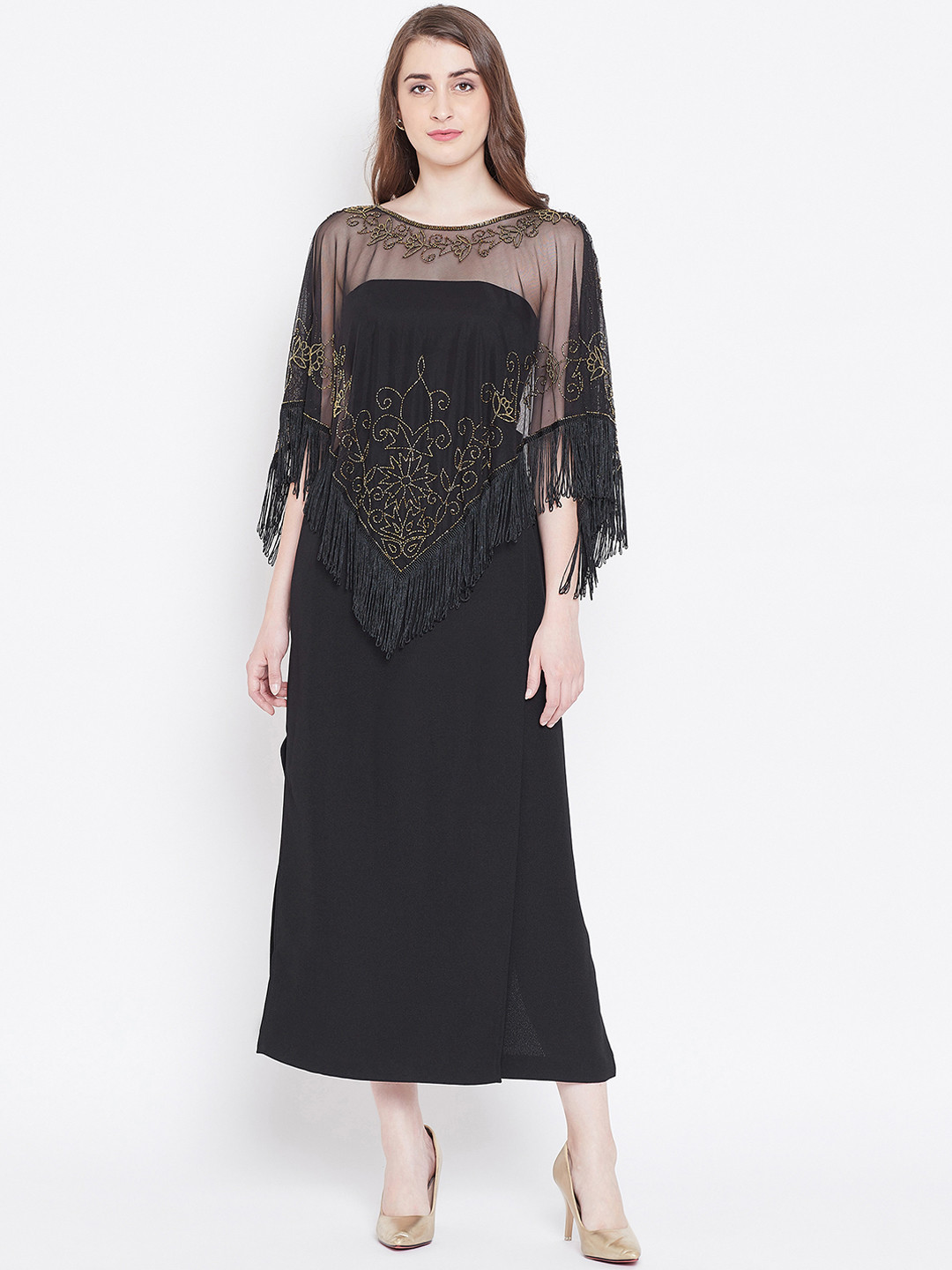 

LE BOURGEOIS Women Black & Gold Embellished Poncho