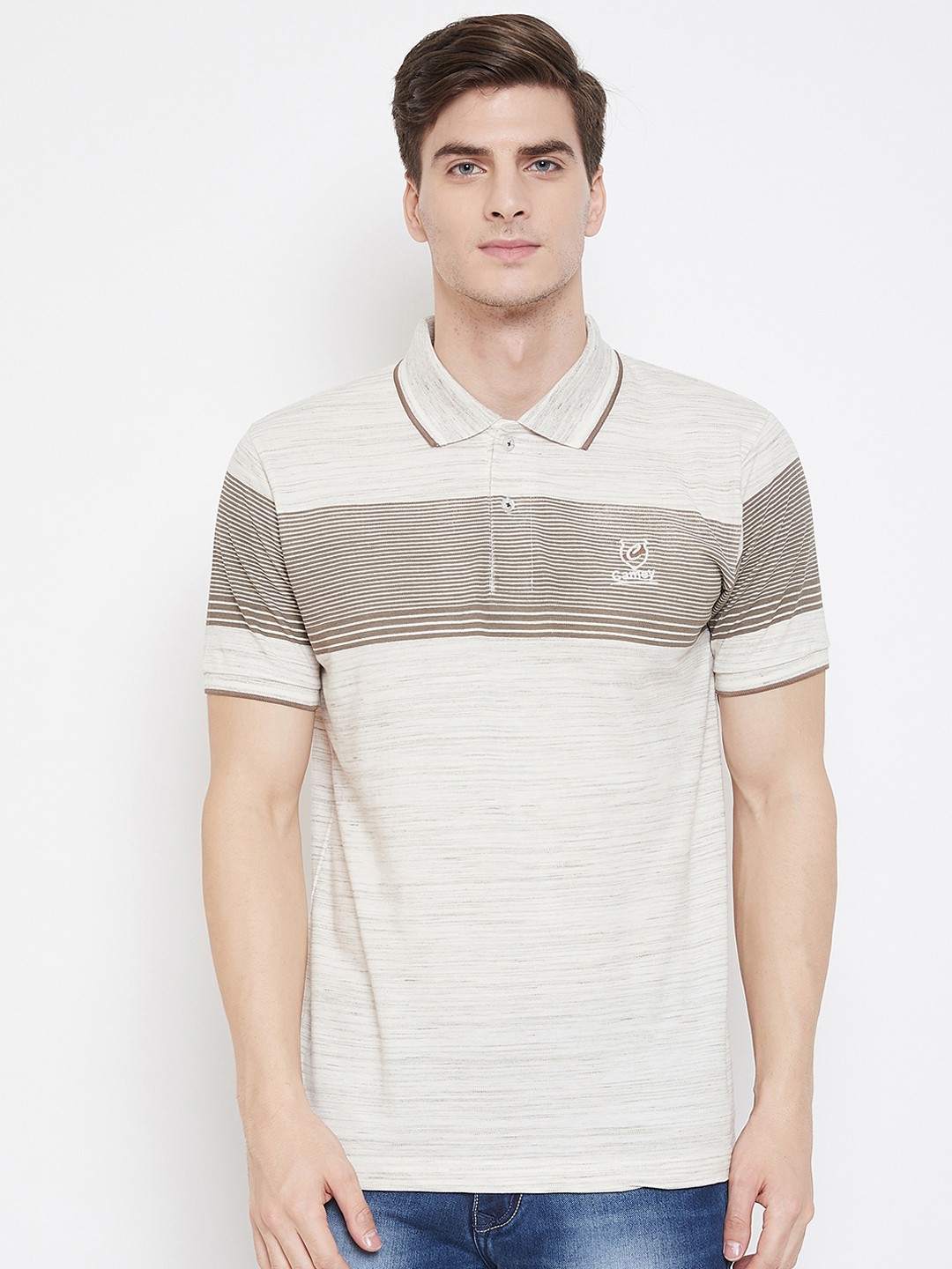 

Camey Men Cream-Coloured & Brown Striped Polo Collar T-shirt