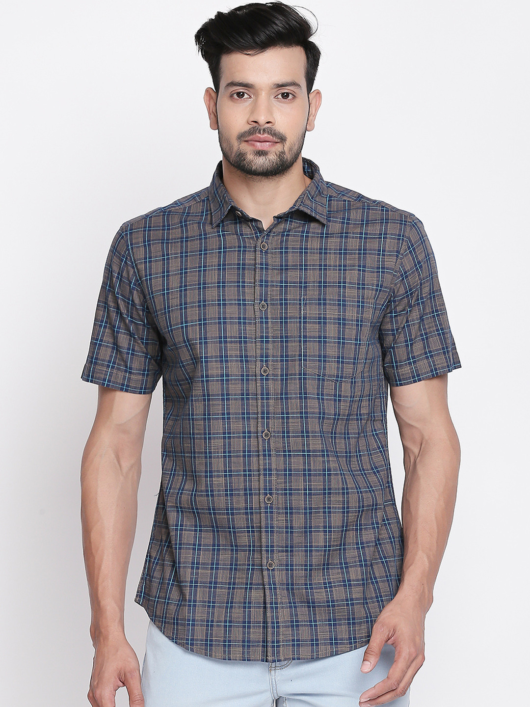 

BYFORD by Pantaloons Men Brown & Blue Regular Fit Checked Casual Shirt