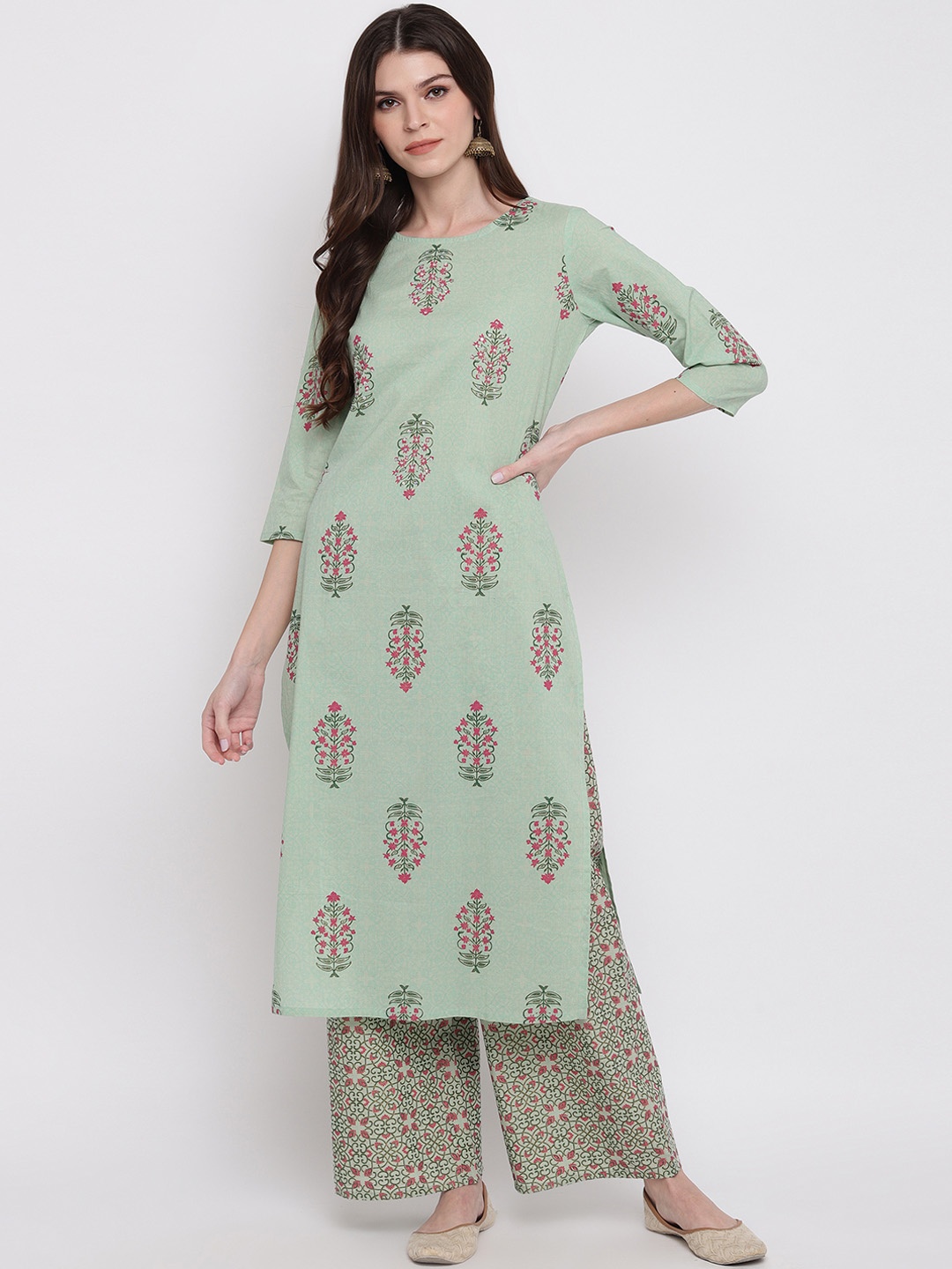 Vbuyz Women Sea Green Embroidered Kurta with Palazzos
