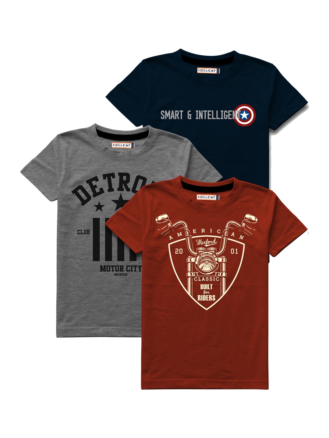 

HELLCAT Boys Pack Of 3 Printed Round Neck T-shirts, Grey