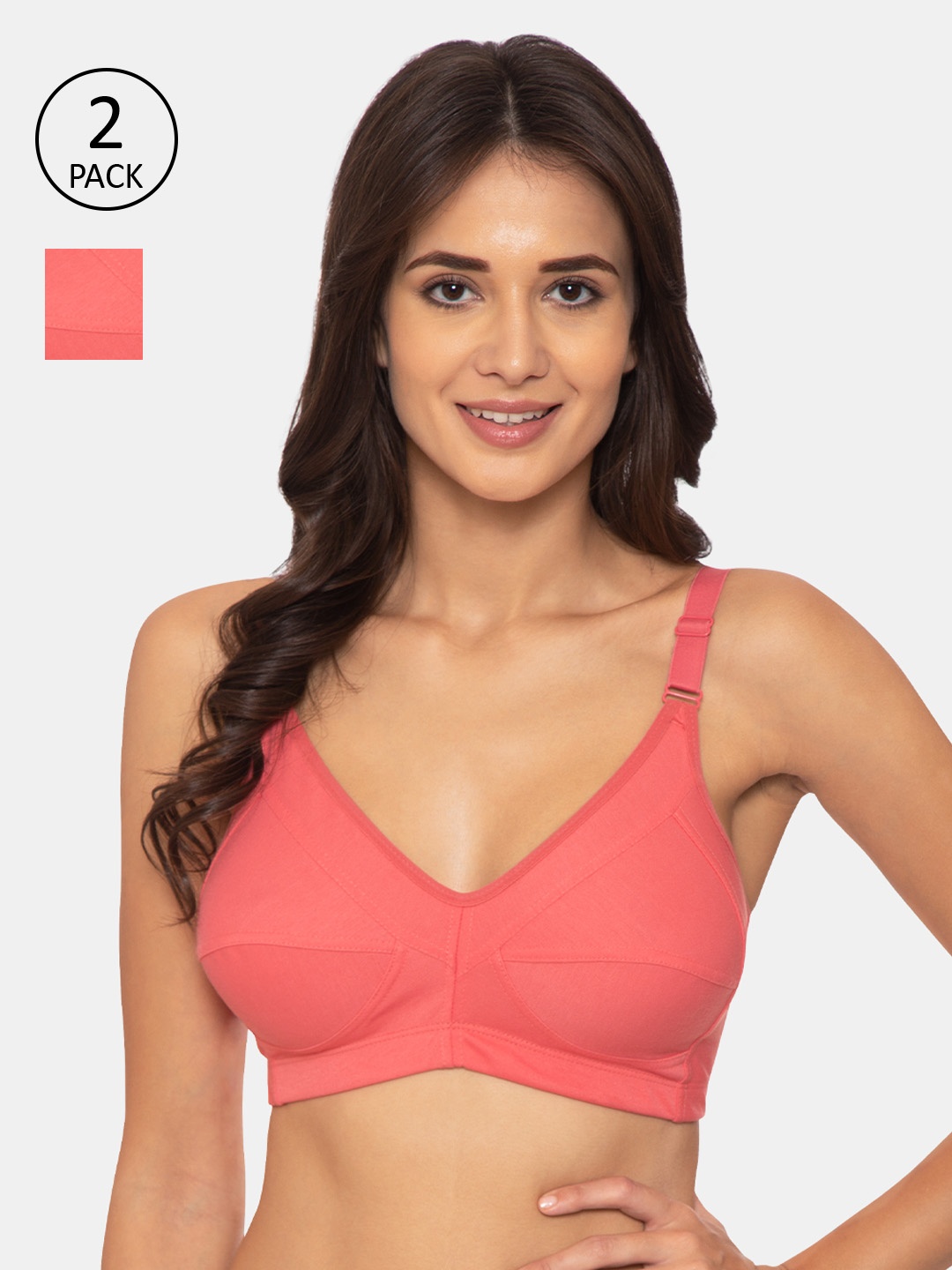 

Souminie Pack Of 2 Coral Pink Solid Non-Wired Non Padded Minimizer Bra S-132-2PC-CRL