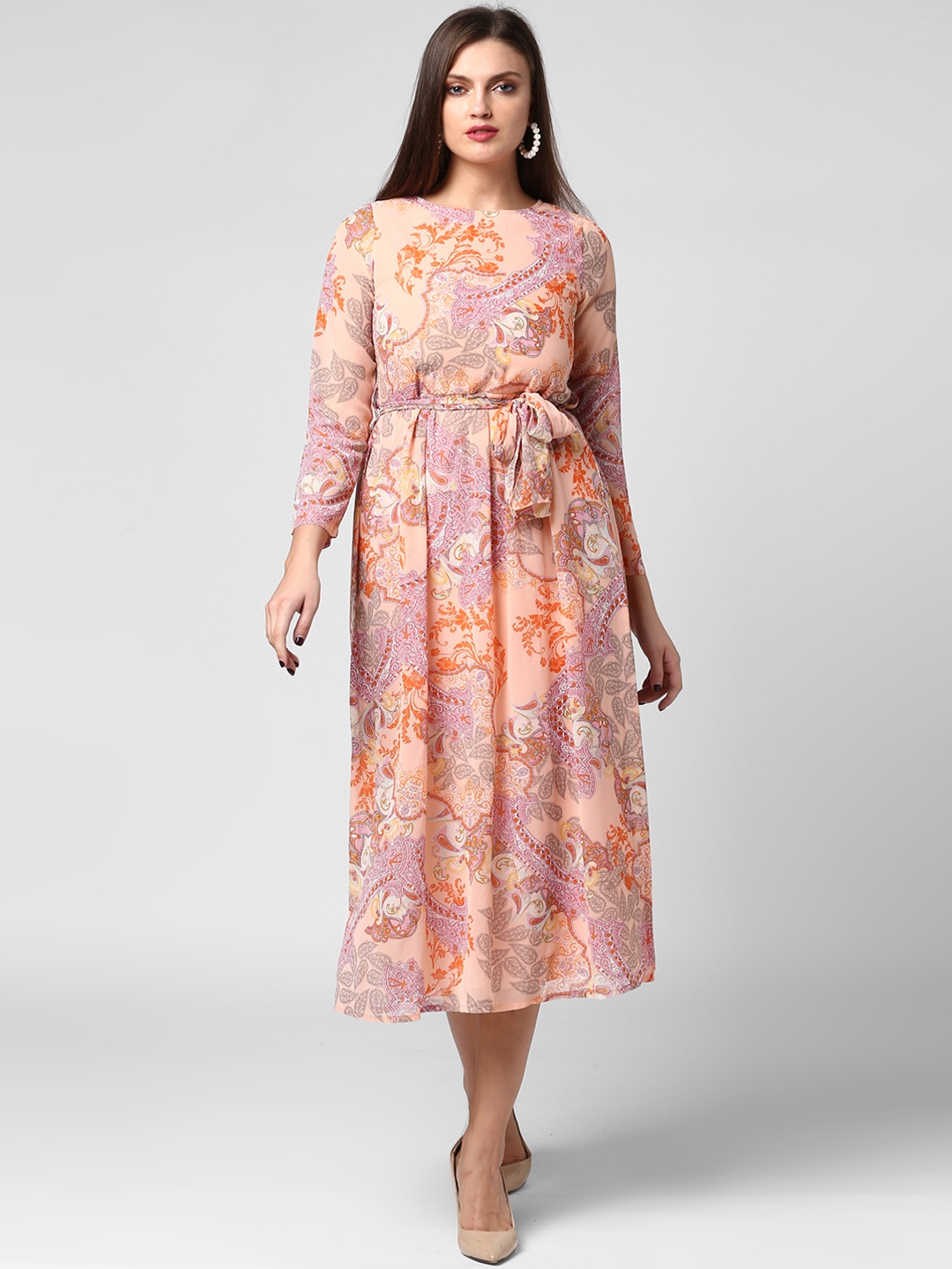 

StyleStone Women Peach-Coloured Printed A-Line Dress