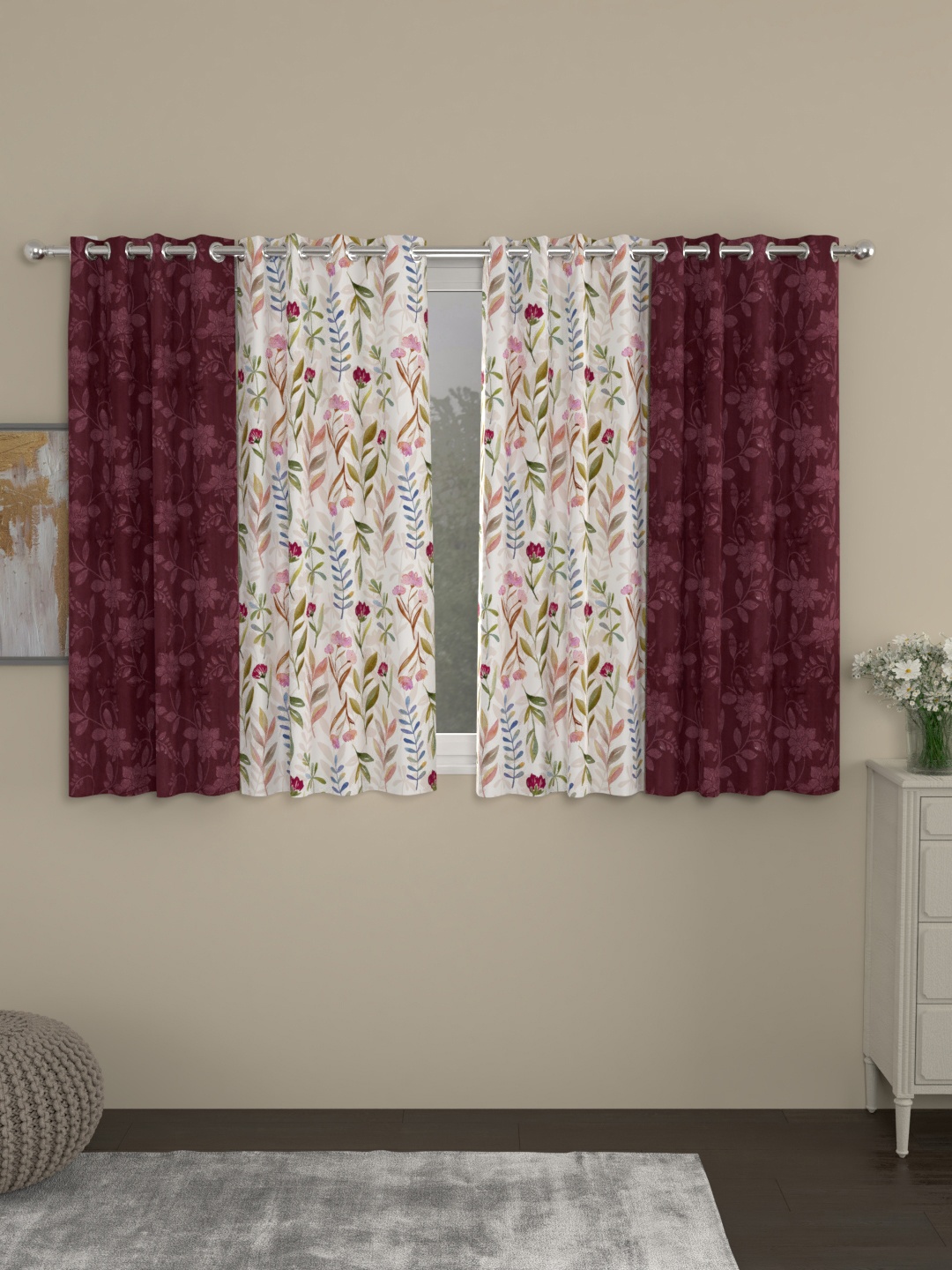 ROSARA HOME Maroon & White Set of 4 Jacquard Window Curtains
