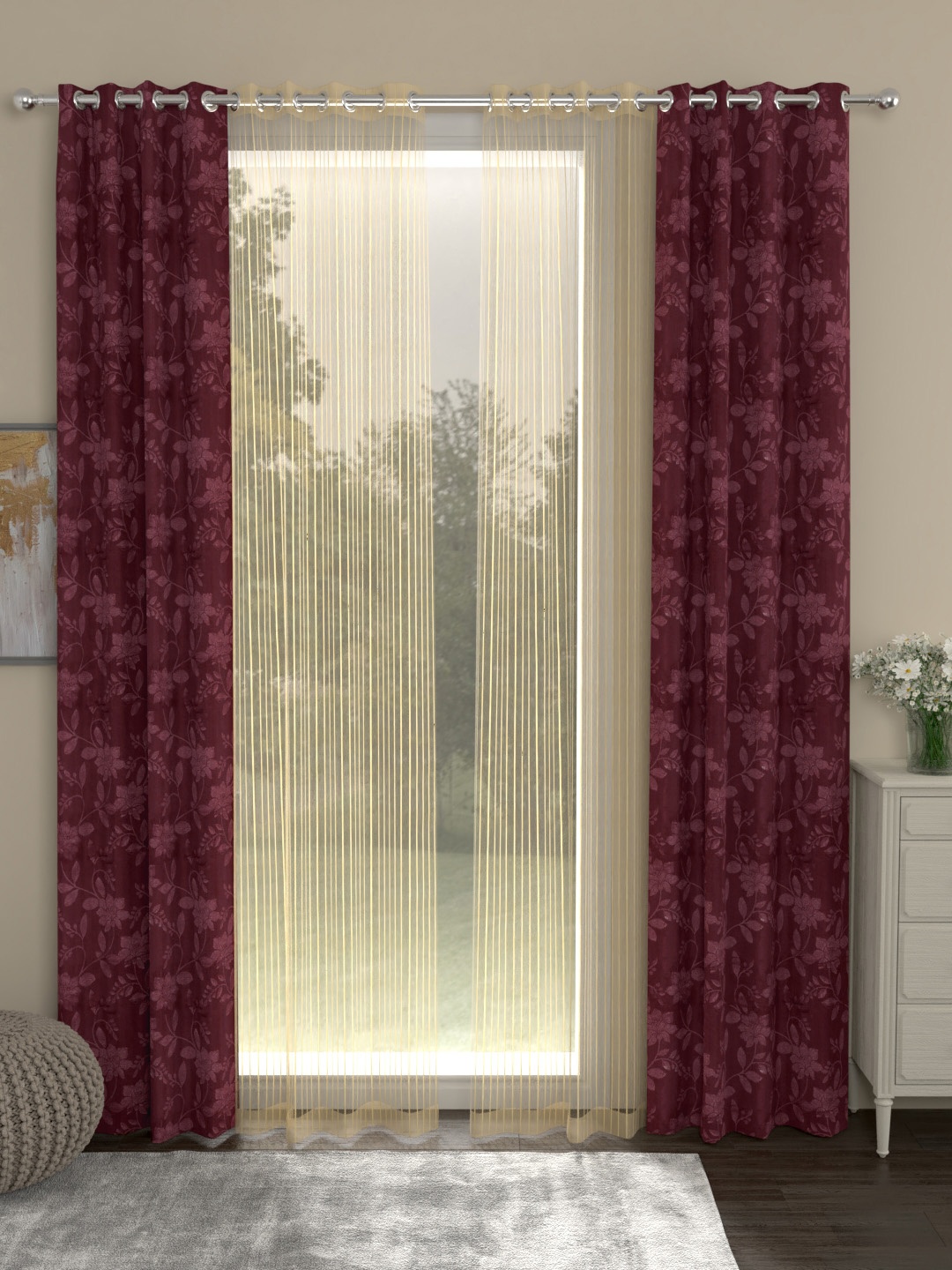 ROSARA HOME Maroon & Gold-Toned Set of 4 Door Curtains