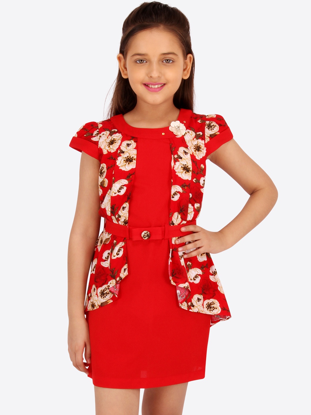 

CUTECUMBER Girls Red & Beige Floral Print Sheath Dress