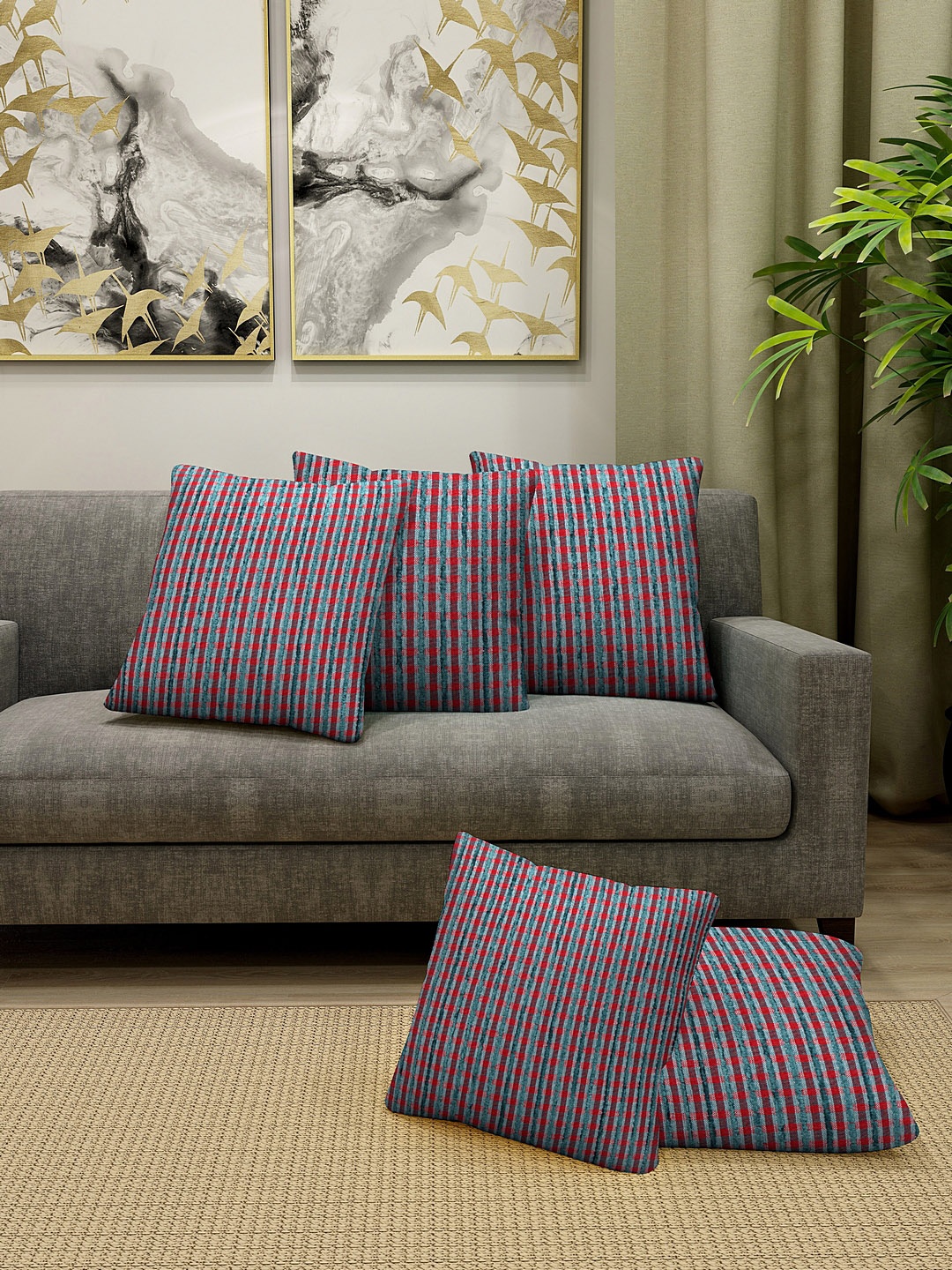 KLOTTHE Multicoloured Set of 5 Checked Square Cushion Covers, Multi