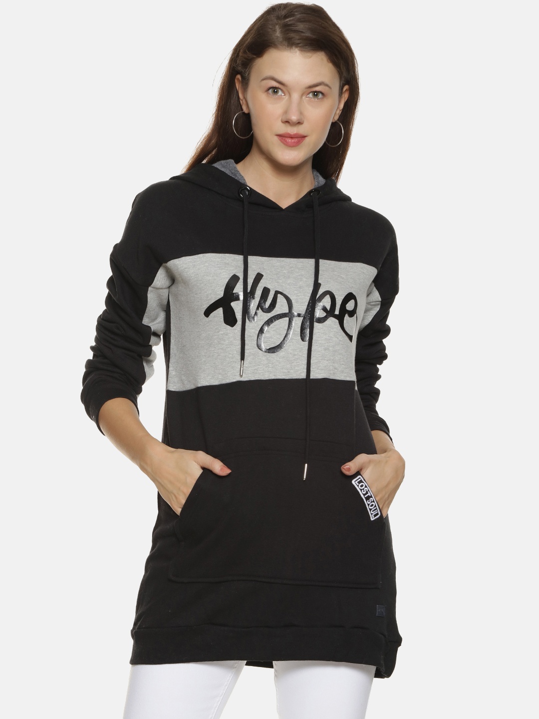 

Campus Sutra Women Black & Grey Printed Hooded Sweatshirt