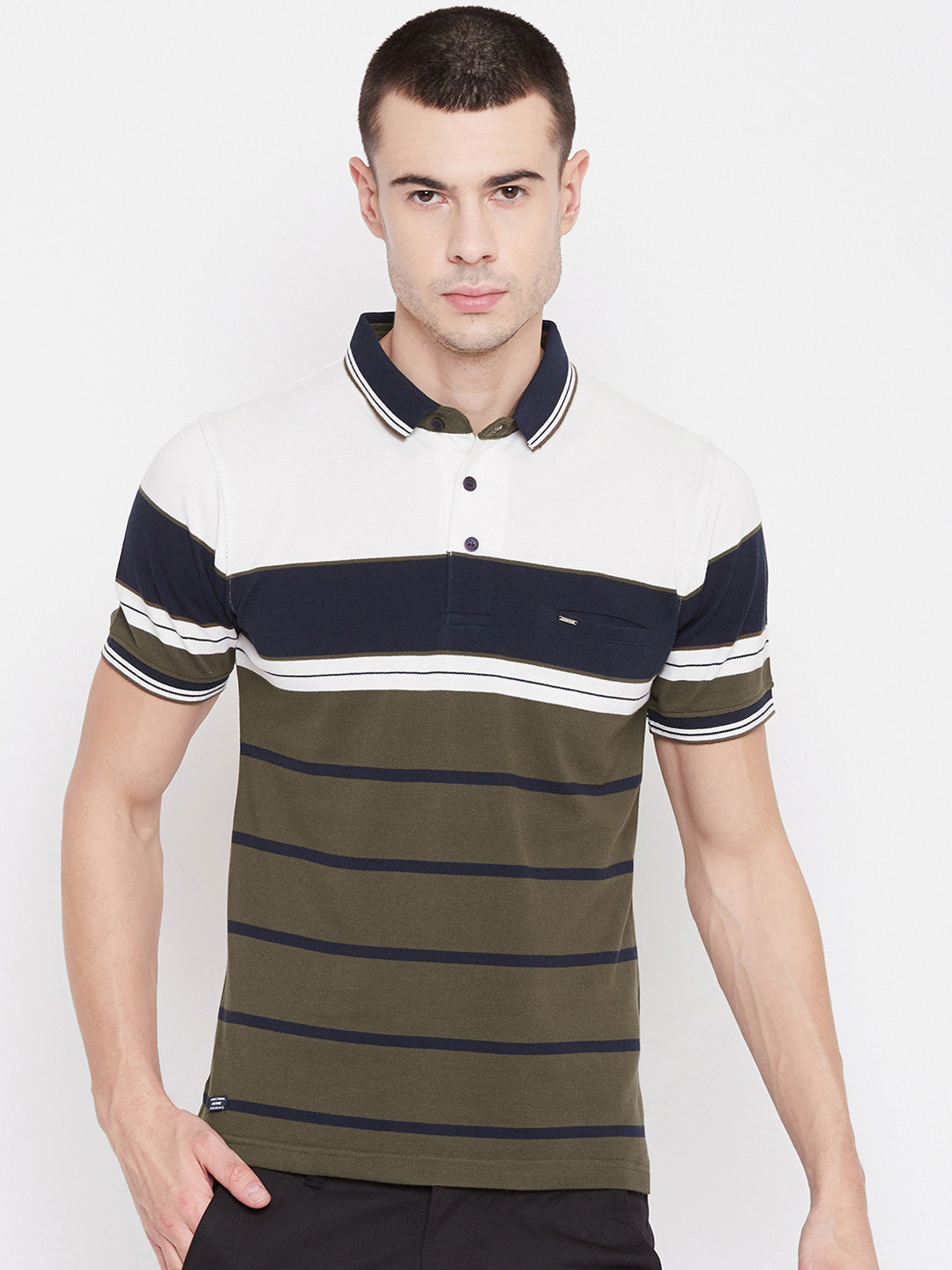 

Okane Men Olive Green Striped Polo Collar T-shirt