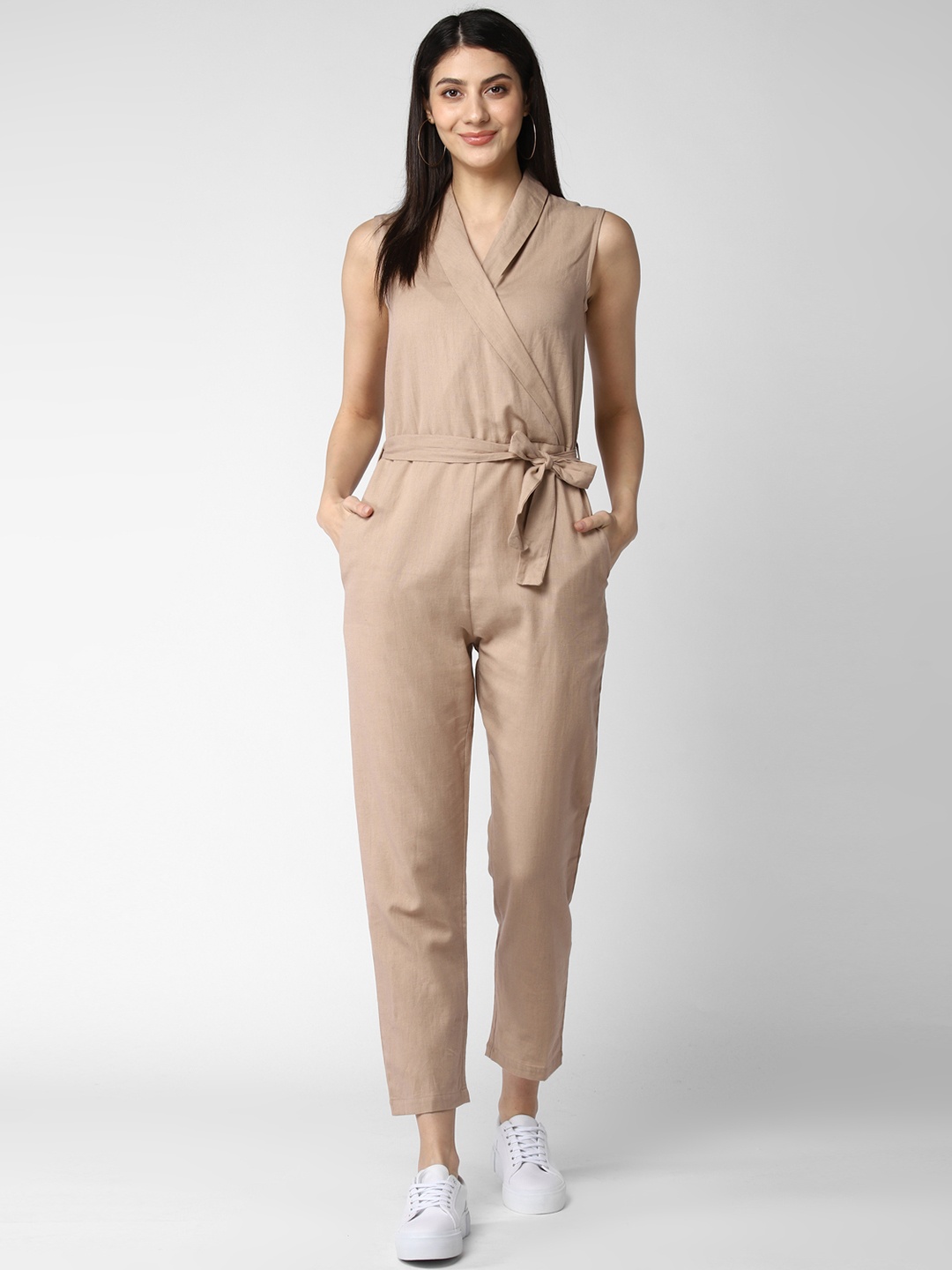 

StyleStone Women Beige Solid Linen Basic Jumpsuit with Waist Tie Up