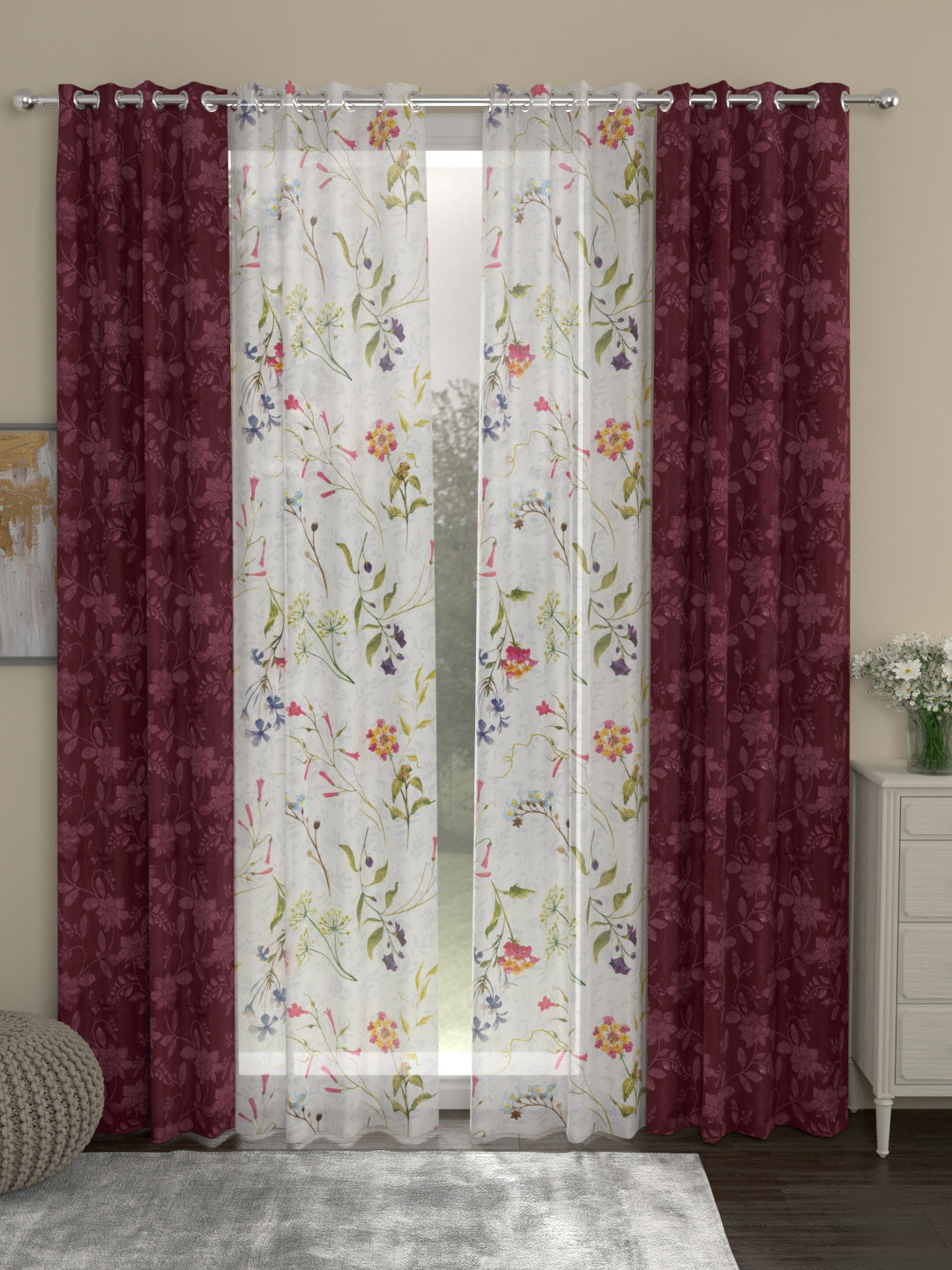 

ROSARA HOME Multicoloured Olivia Voile Pack of 4 Door Curtains, Maroon
