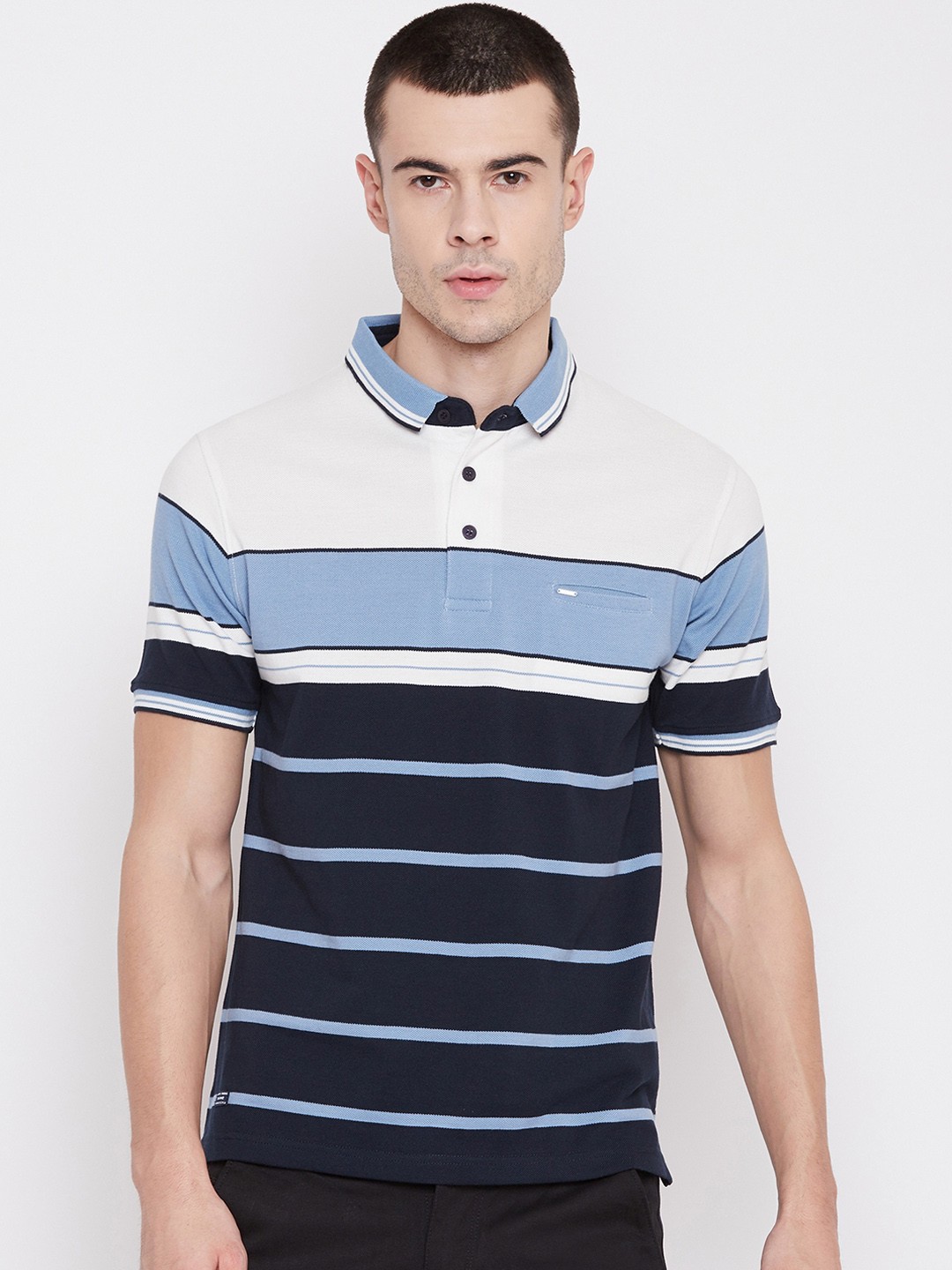 

Okane Men Blue Striped Polo Collar T-shirt