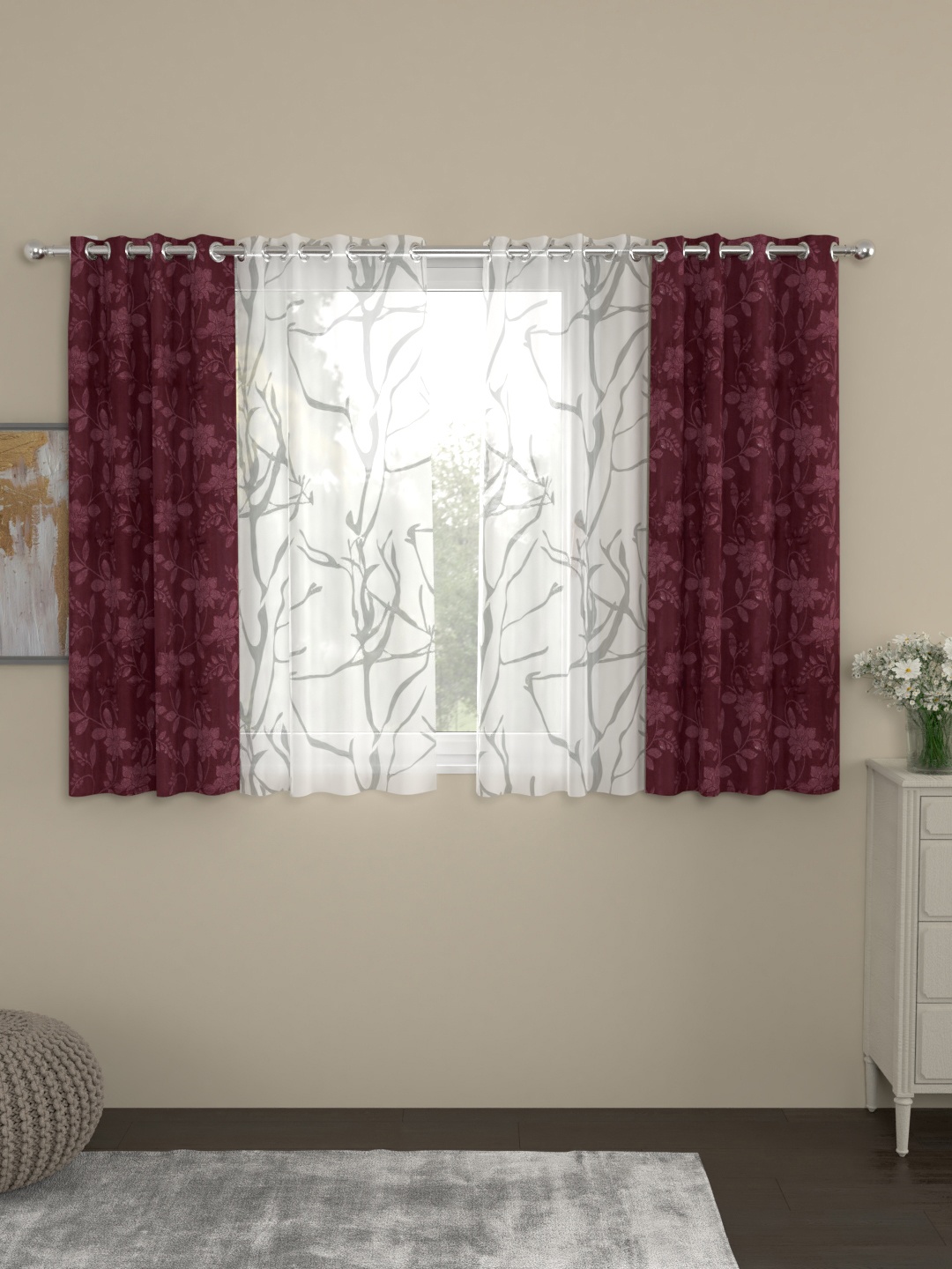 

ROSARA HOME Maroon & White Set of 4 Window Curtains