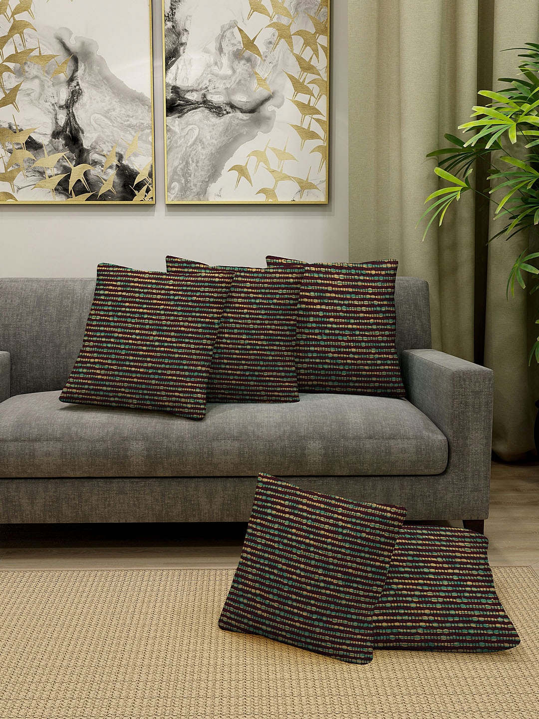 

KLOTTHE Brown & Green Set of 5 Striped Square Cushion Covers