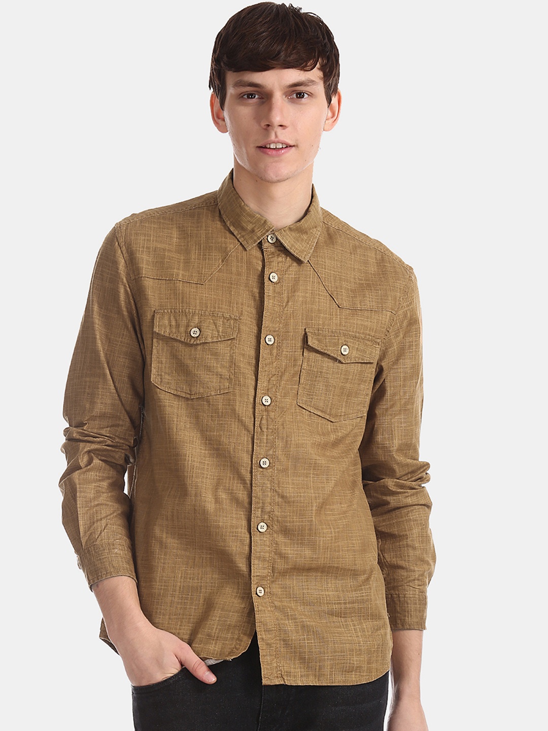 Cherokee Men Beige Regular Fit Solid Casual Shirt