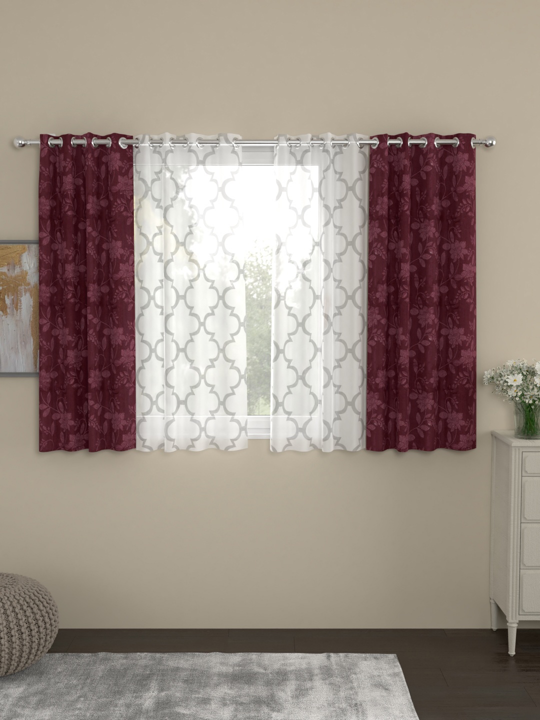 ROSARA HOME Maroon & White Set of 4 Window Curtains