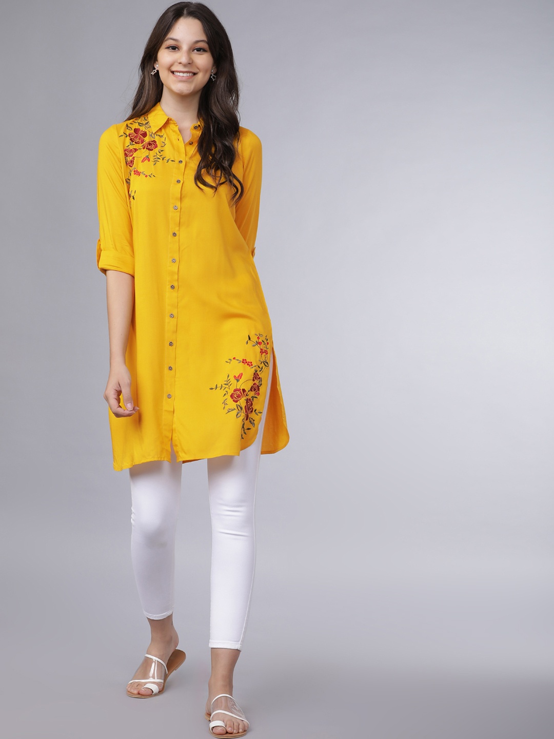 

Vishudh Women Mustard Yellow Embroidered Tunic