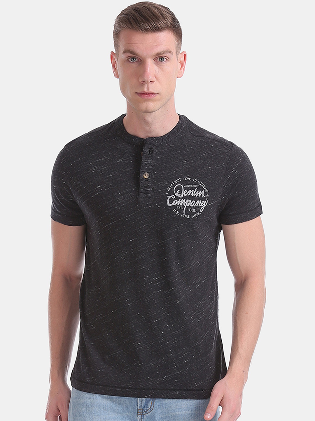 U.S. Polo Assn. Denim Co. Men Black Solid Henley Neck Pure Cotton T-shirt