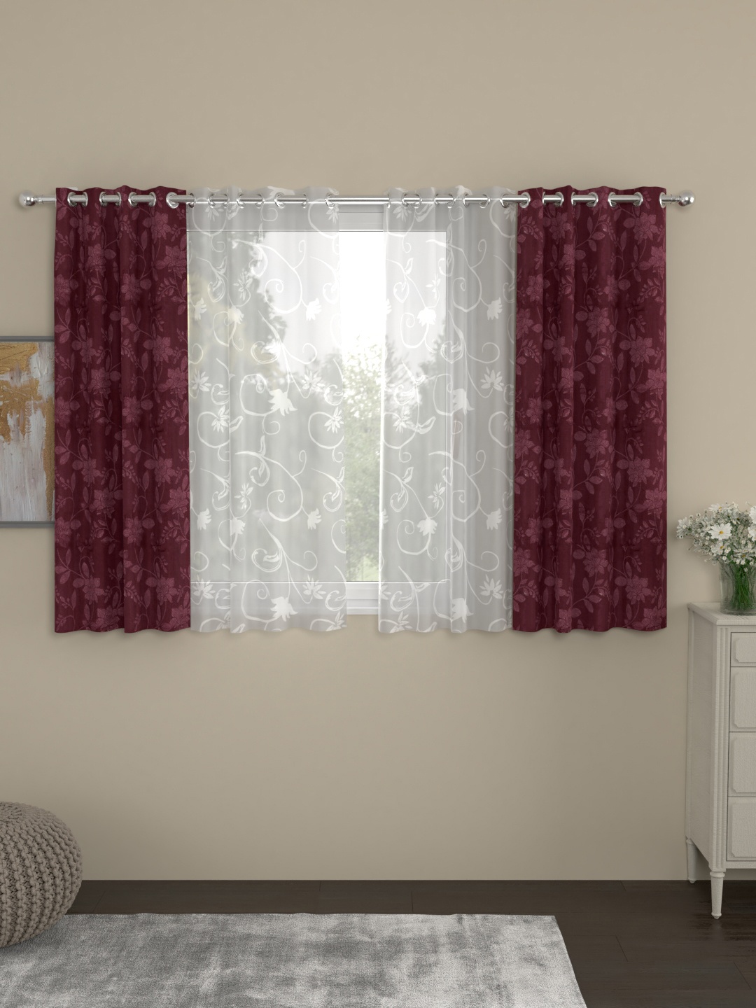

ROSARA HOME Maroon & White Set of 4 Window Curtains