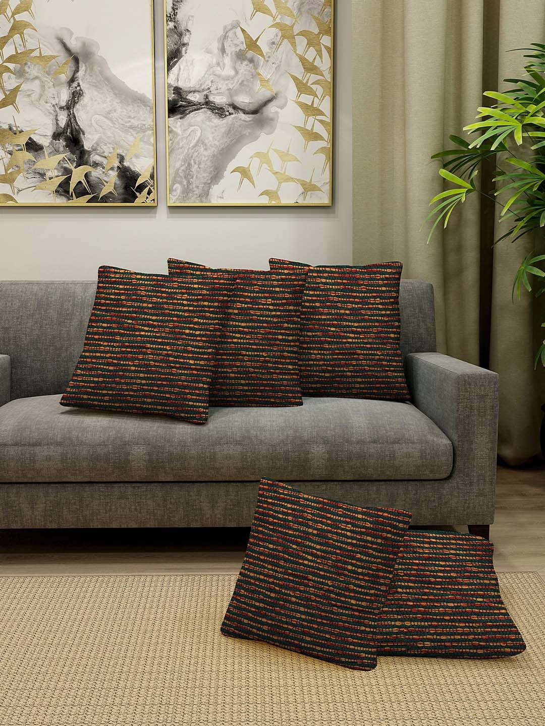 

KLOTTHE Green & Brown Set of 5 Striped Square Cushion Covers