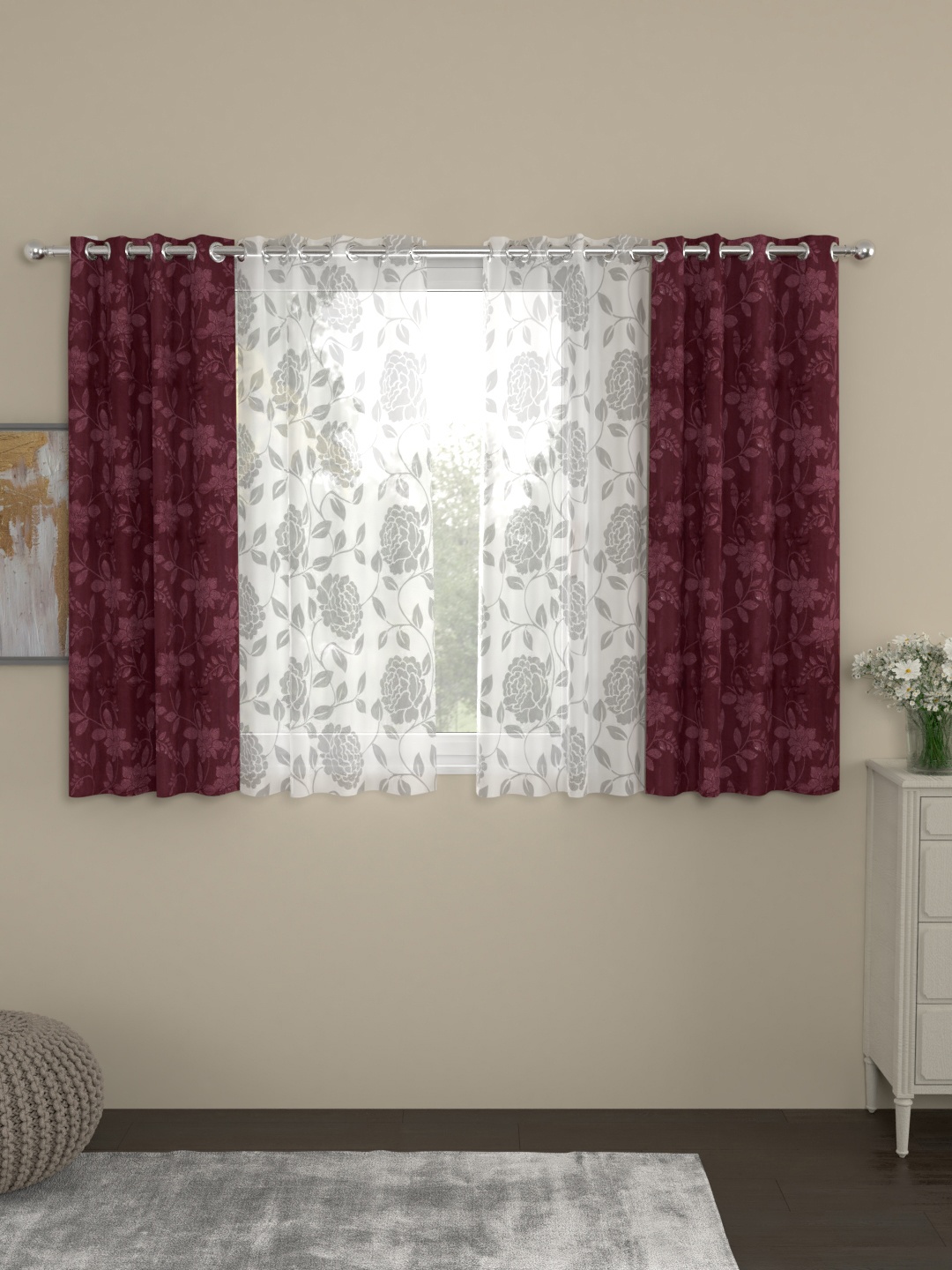 ROSARA HOME Maroon & White Set of 4 Window Curtains